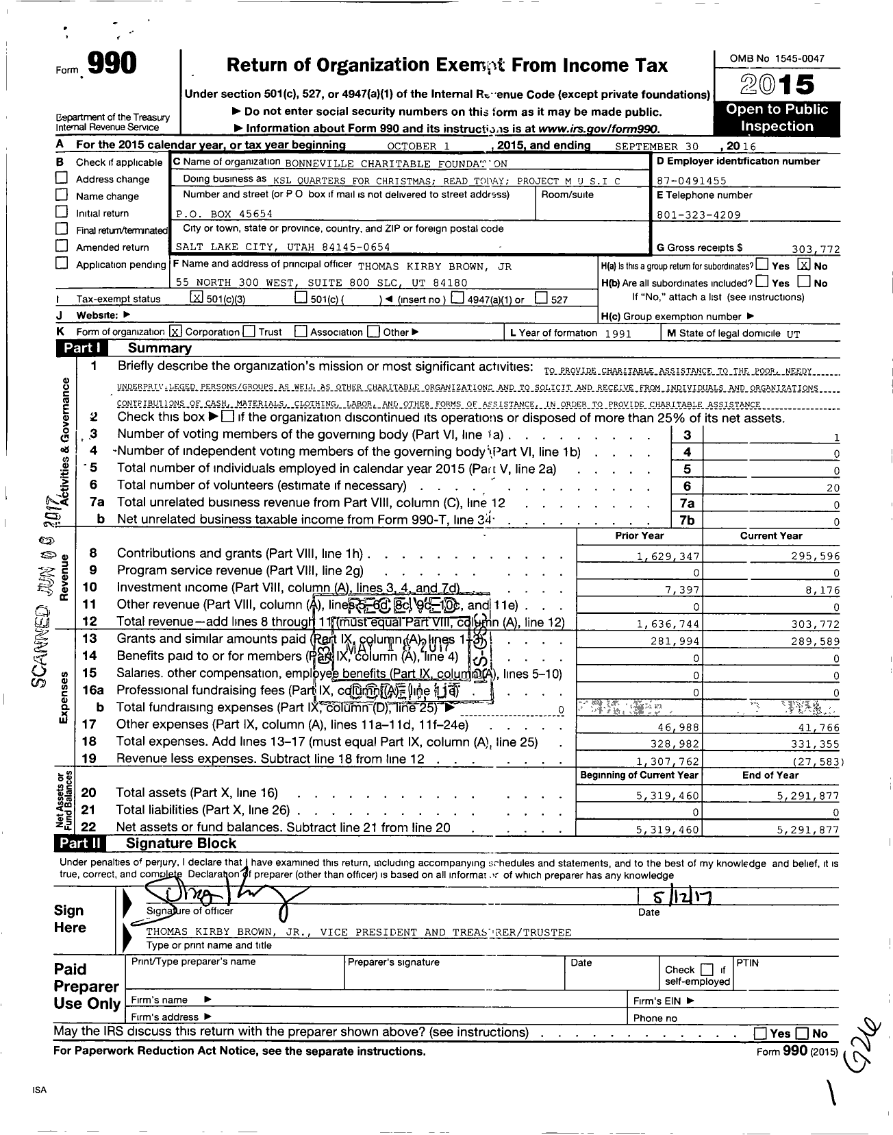 Image of first page of 2015 Form 990 for Bonneville Charitable Foundation