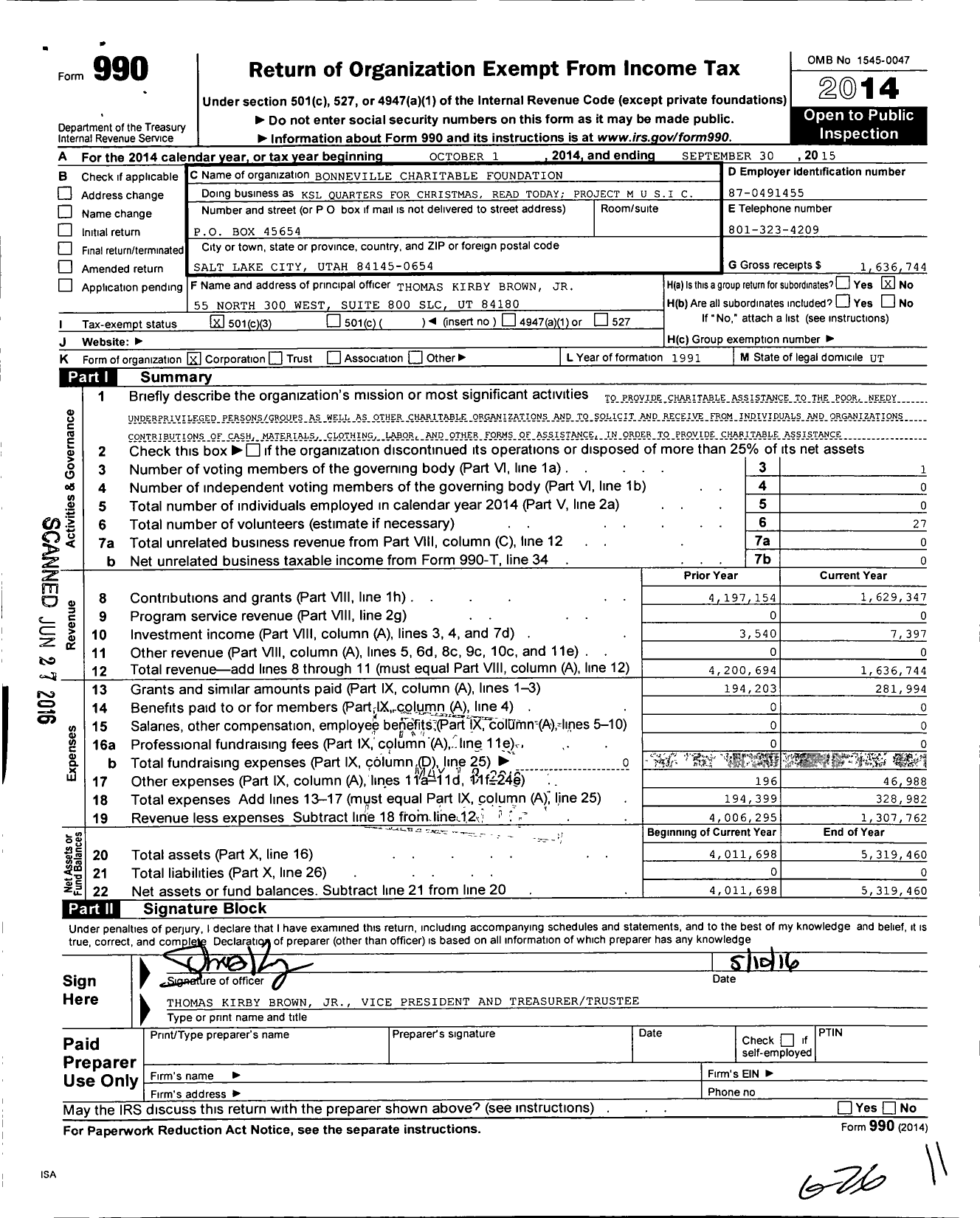 Image of first page of 2014 Form 990 for Bonneville Charitable Foundation