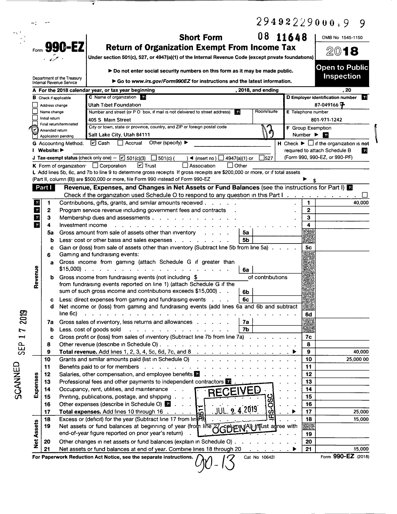 Image of first page of 2018 Form 990EZ for Utah Tibet Foundation