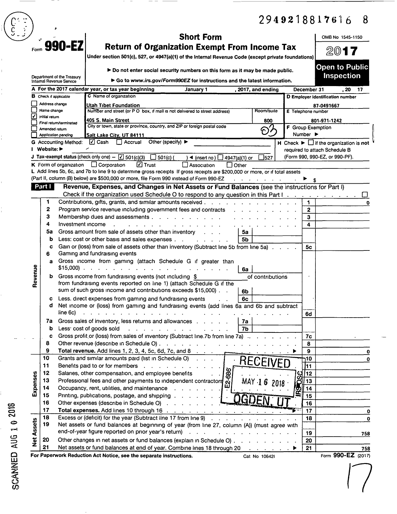 Image of first page of 2017 Form 990EZ for Utah Tibet Foundation