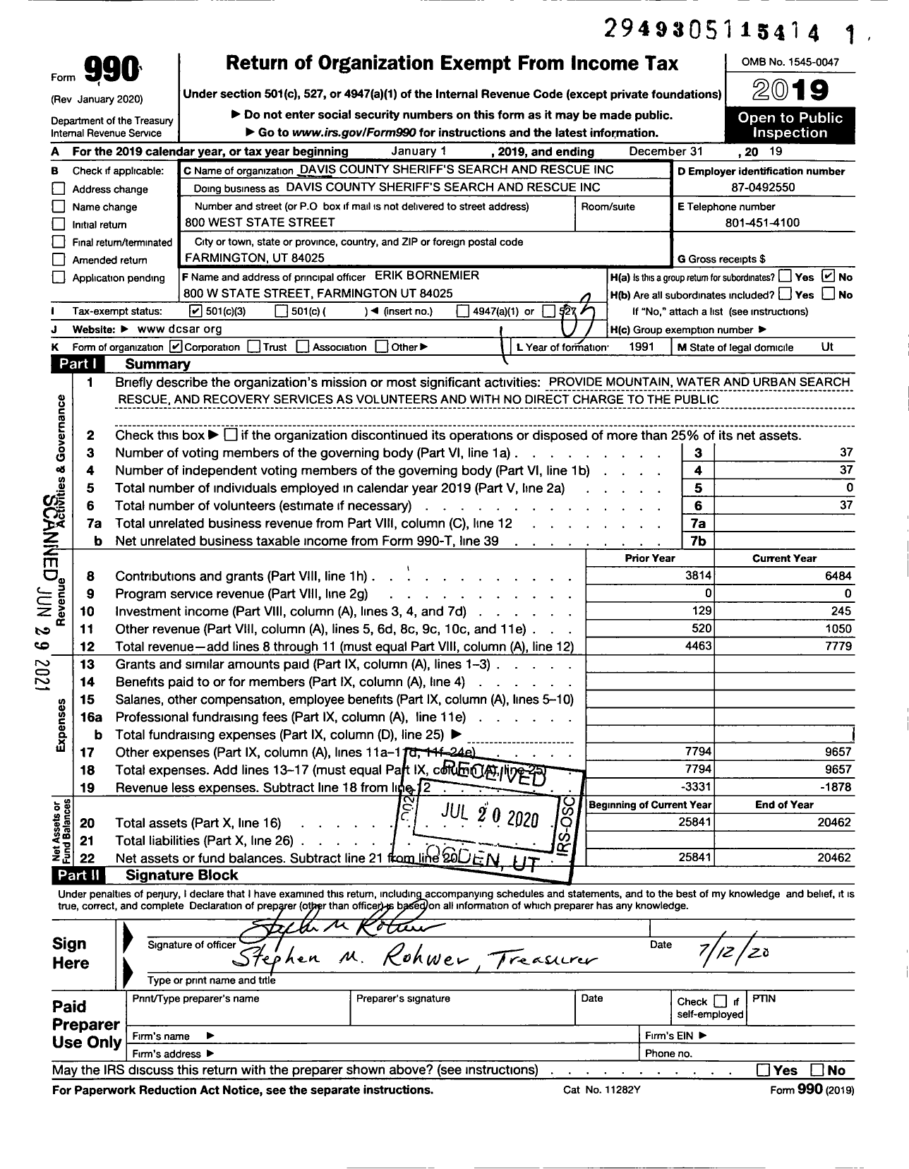 Image of first page of 2019 Form 990 for Davis Search and Rescue Foundation