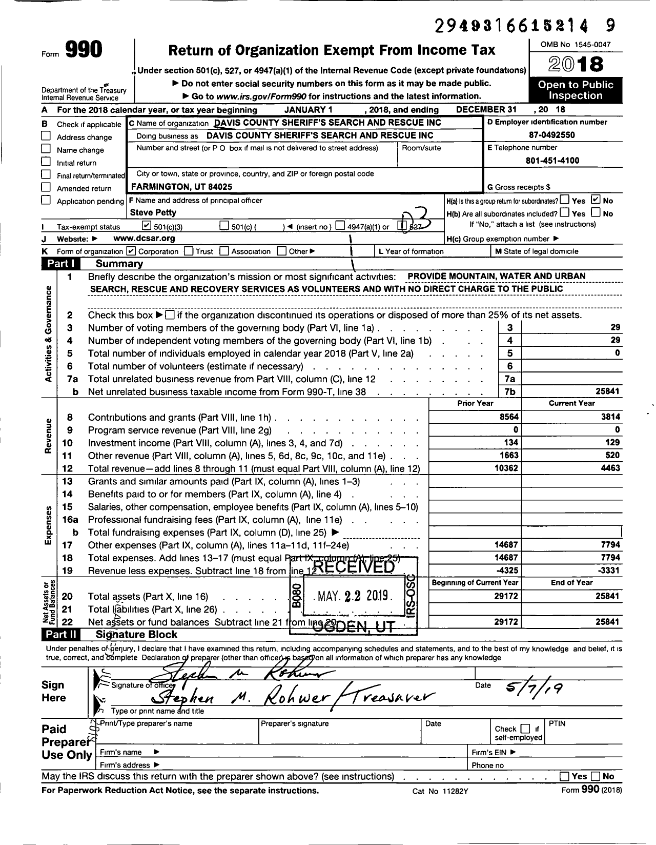 Image of first page of 2018 Form 990 for Davis Search and Rescue Foundation