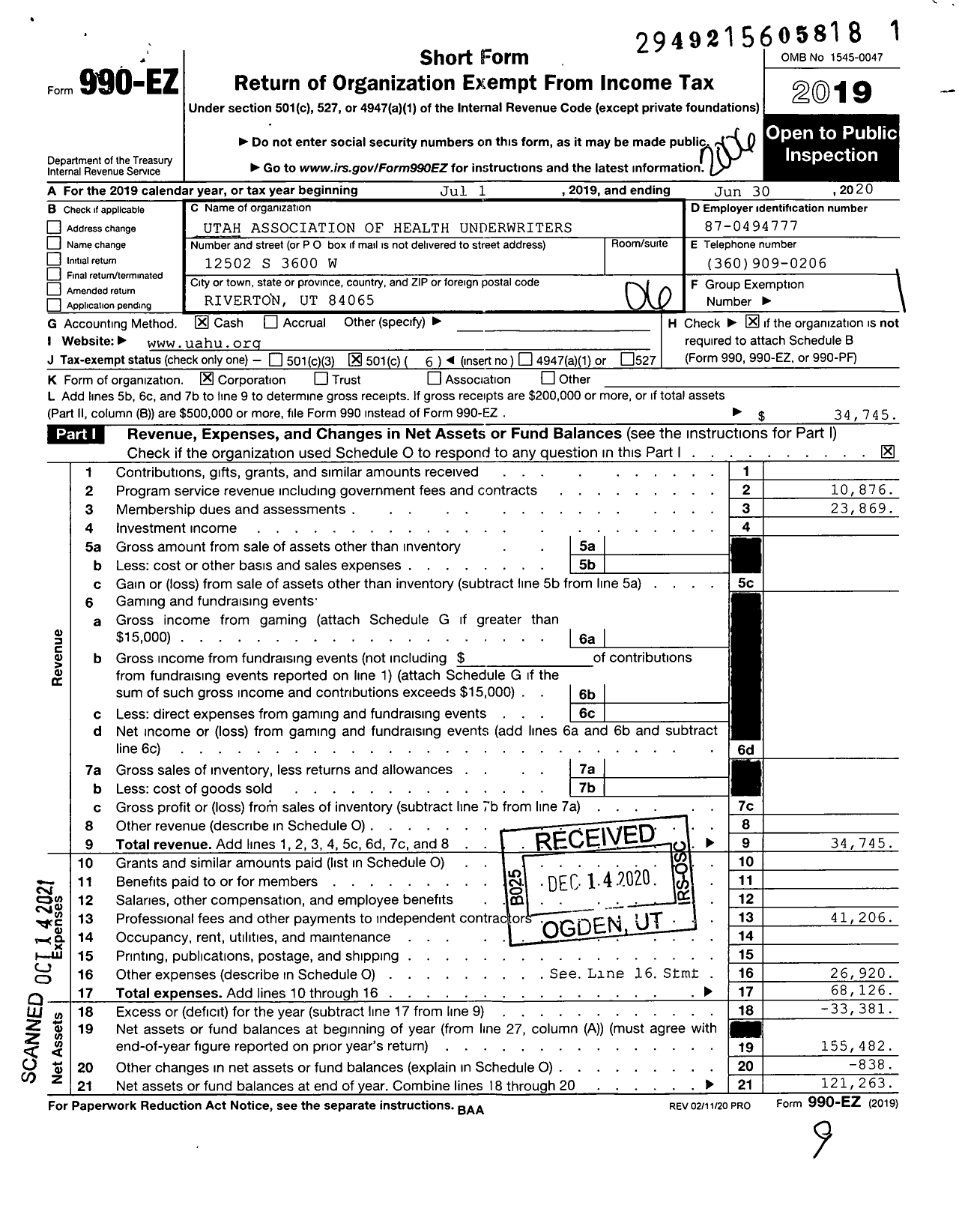 Image of first page of 2019 Form 990EO for Utah Association of Health Underwriters