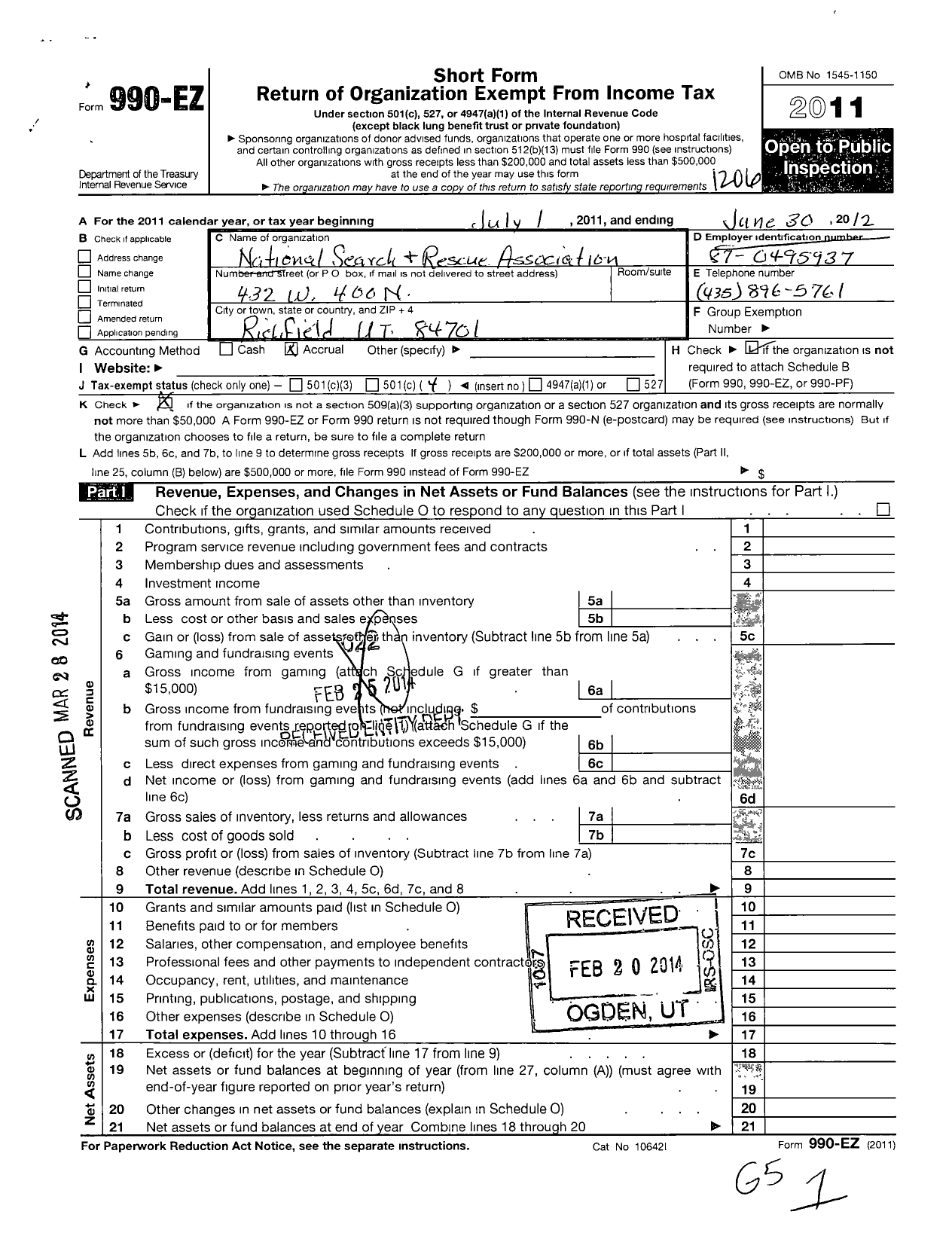 Image of first page of 2011 Form 990EO for National Search and Rescue Association