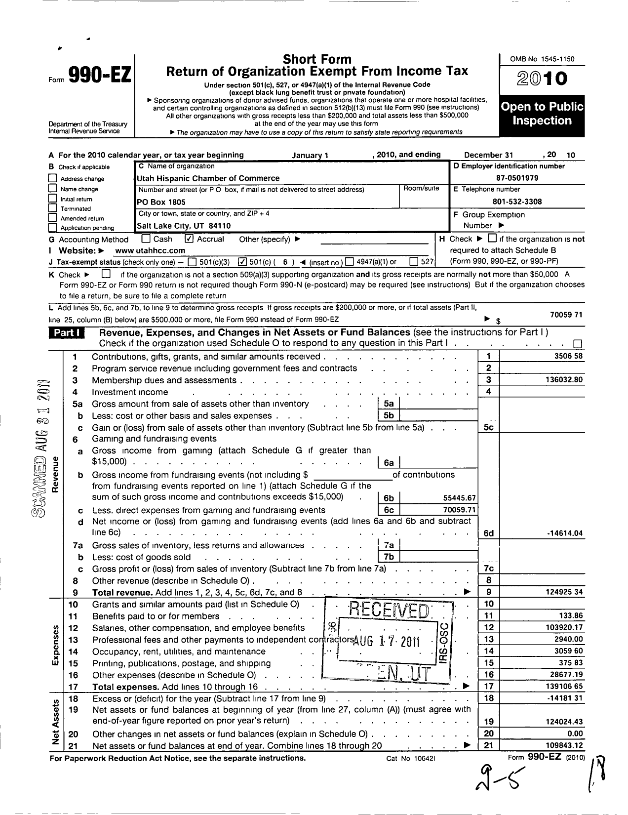 Image of first page of 2010 Form 990EO for Utah Hispanic Chamber of Commerce