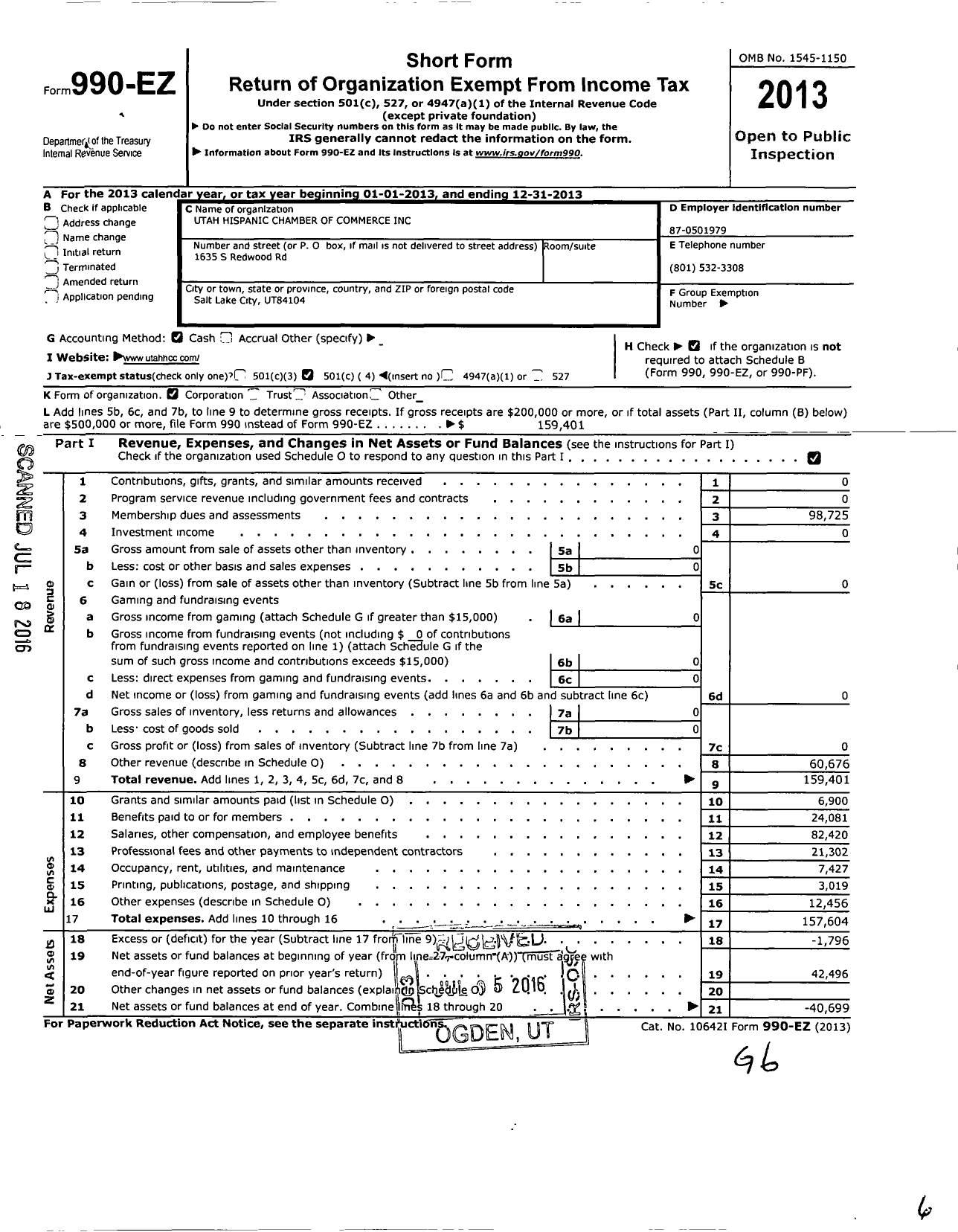 Image of first page of 2013 Form 990EO for Utah Hispanic Chamber of Commerce