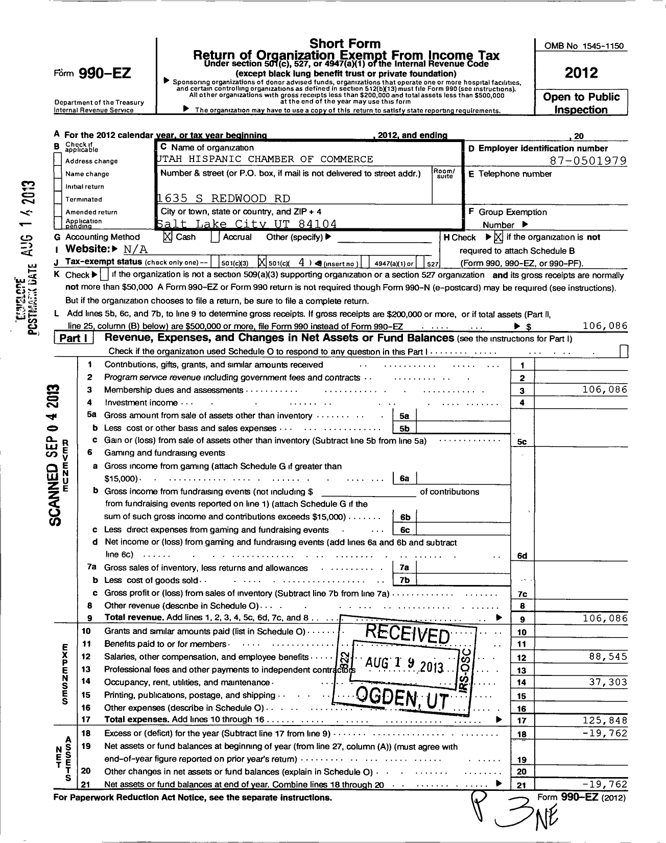 Image of first page of 2012 Form 990EO for Utah Hispanic Chamber of Commerce