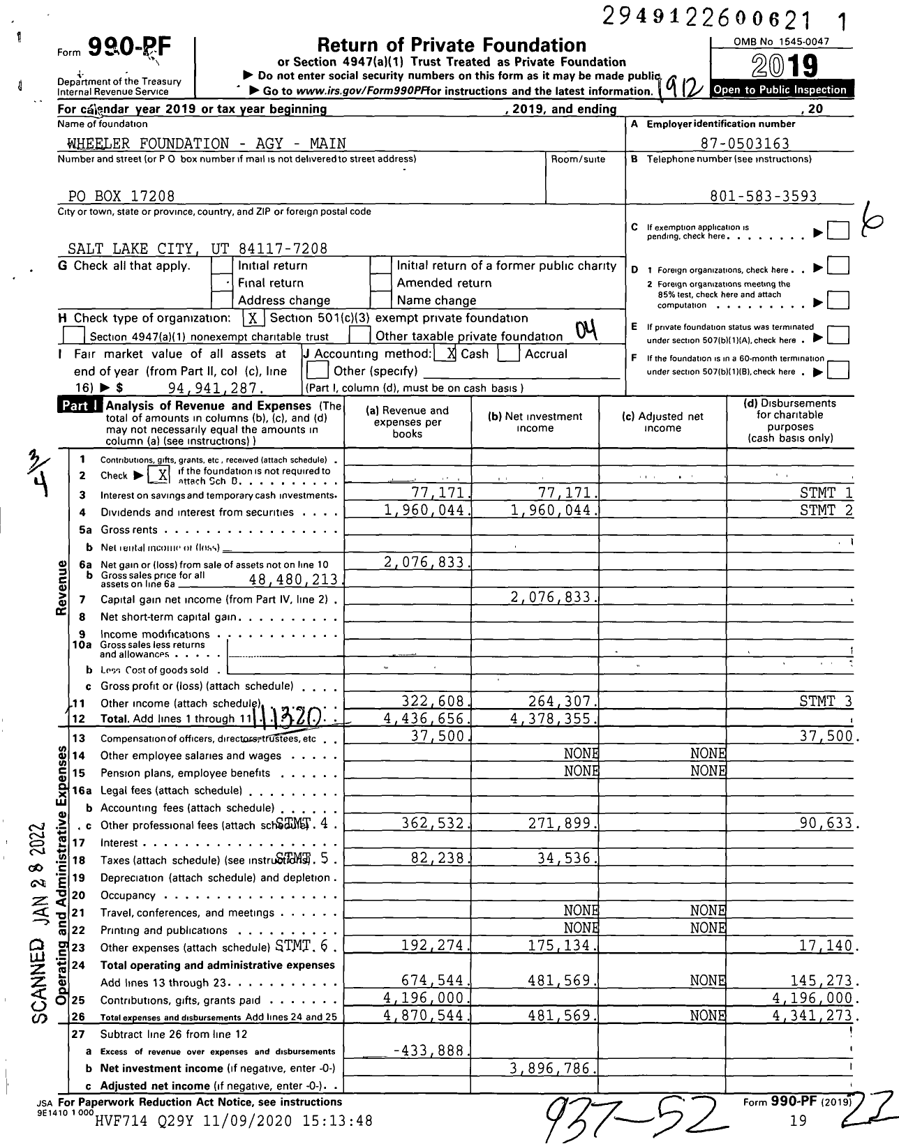 Image of first page of 2019 Form 990PF for Wheeler Foundation