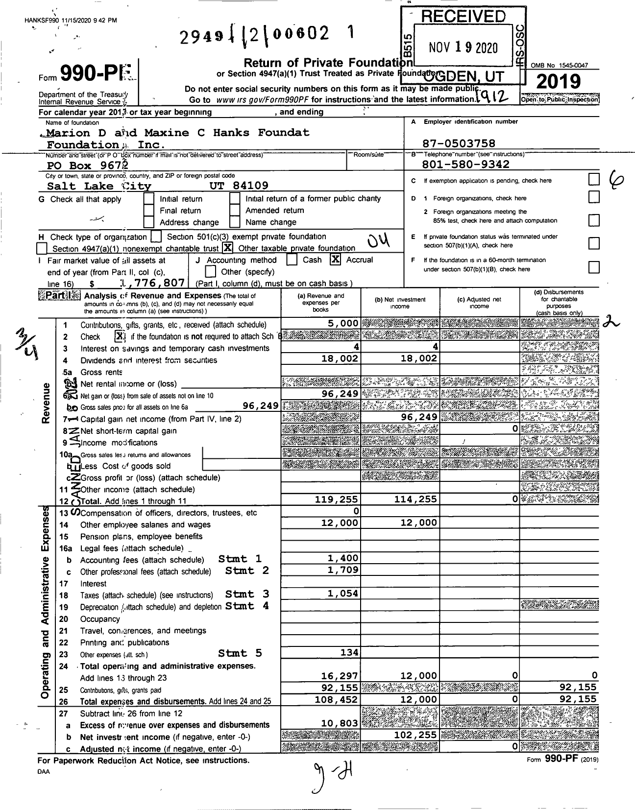 Image of first page of 2019 Form 990PF for Marion D and Maxine C Hanks Foundat Foundation