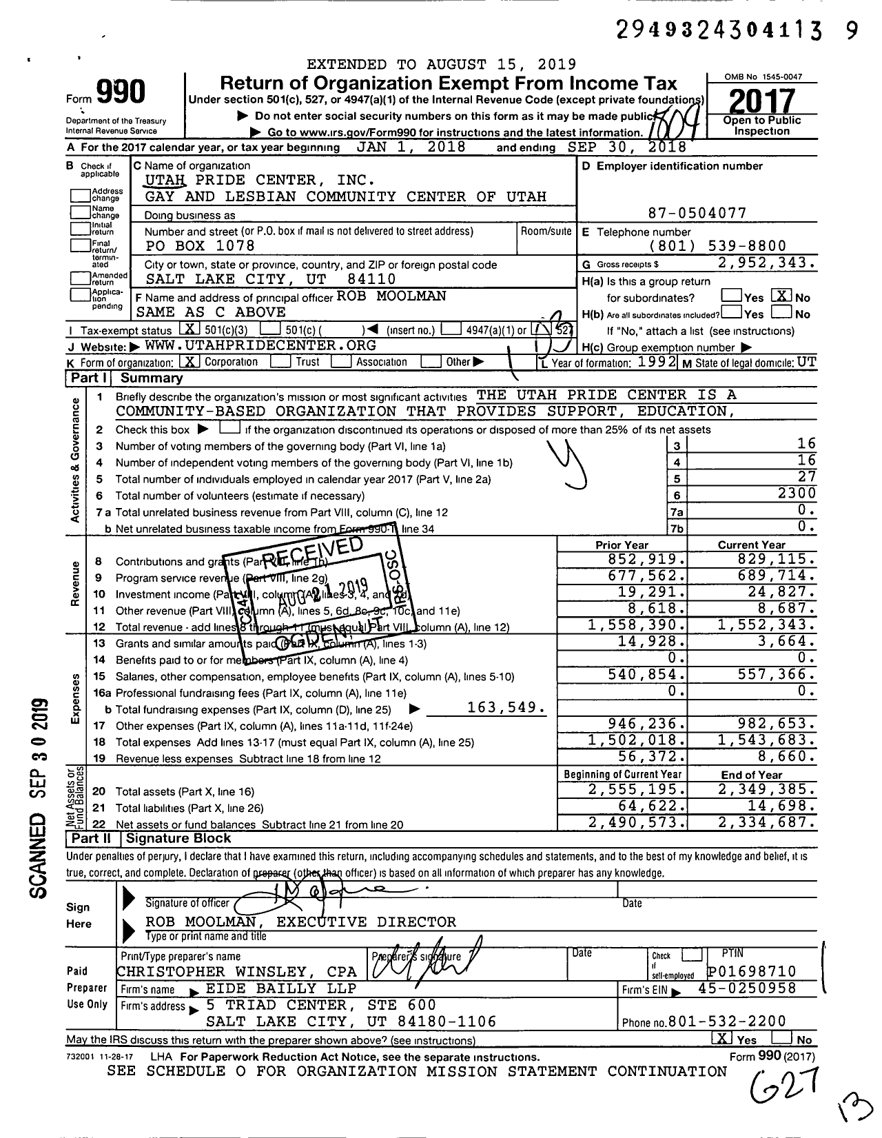 Image of first page of 2017 Form 990 for Utah Pride Center Gay and Lesbian Community Center of Utah