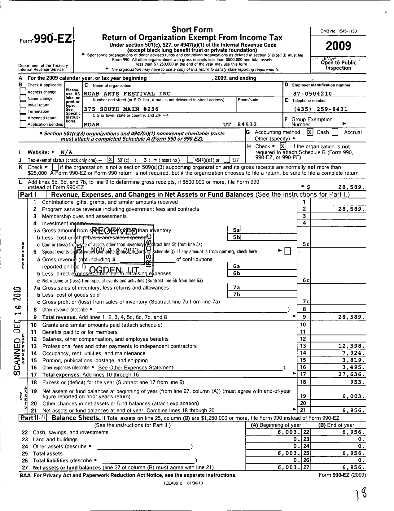 Image of first page of 2009 Form 990EZ for Moab Arts Festival