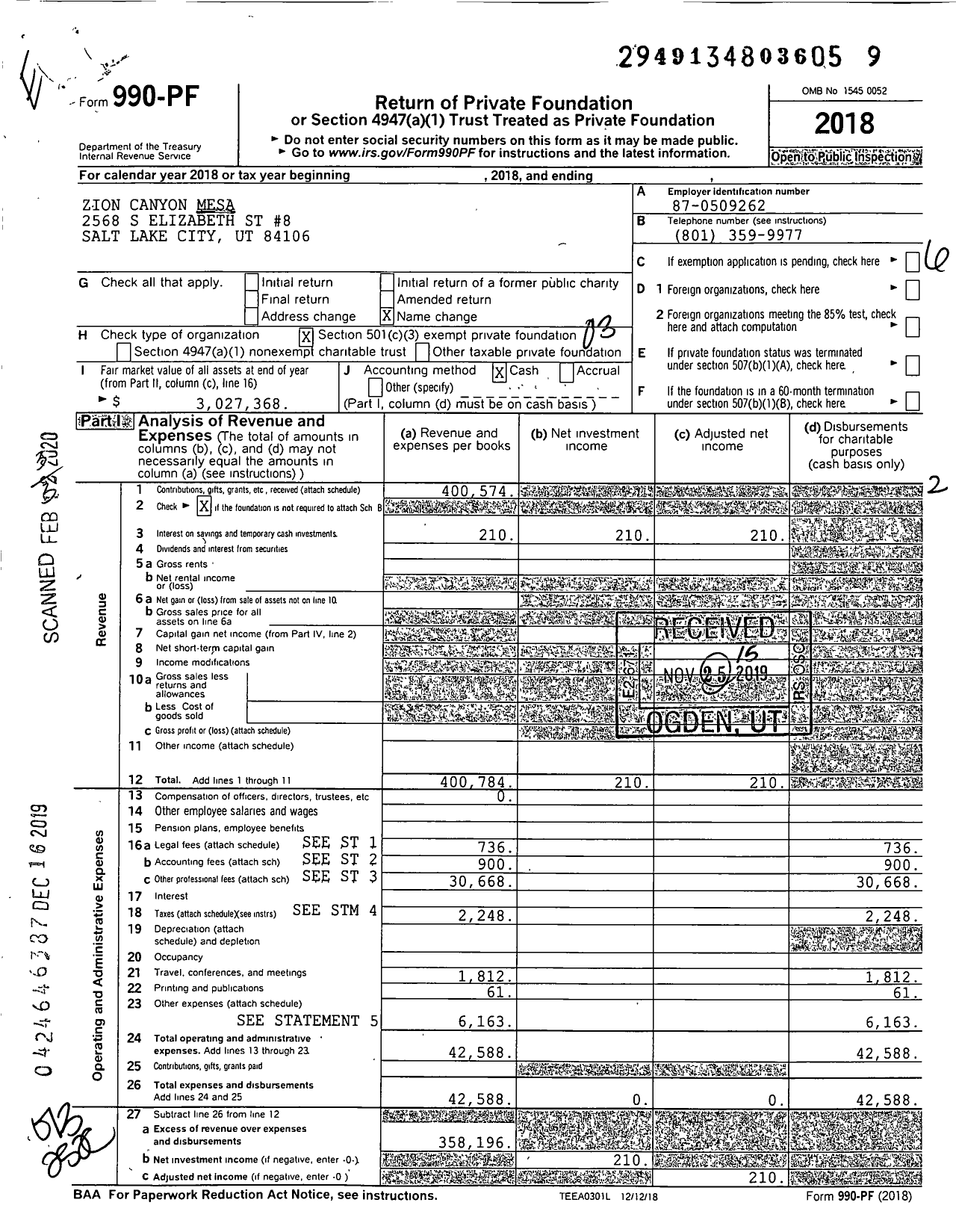 Image of first page of 2018 Form 990PF for Zion Canyon Mesa