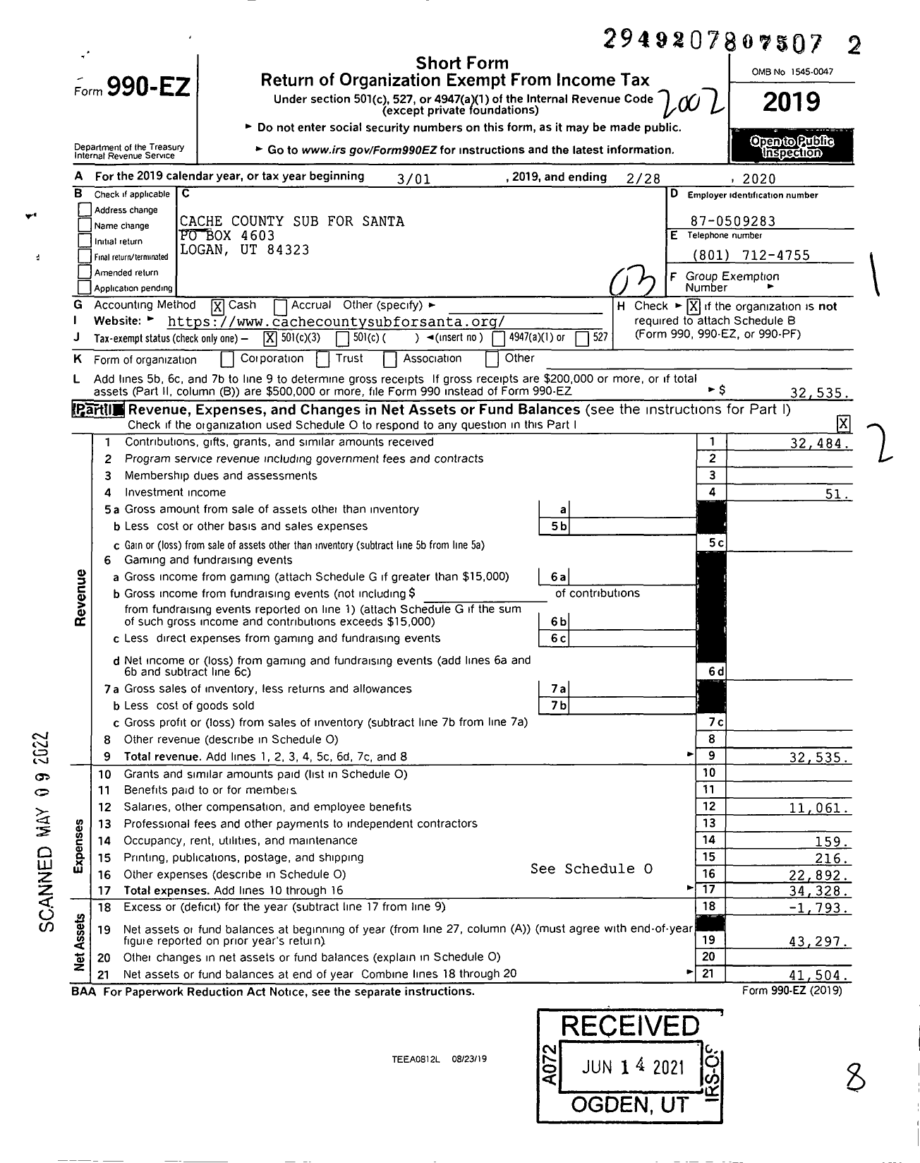 Image of first page of 2019 Form 990EZ for Cache County Sub for Santa
