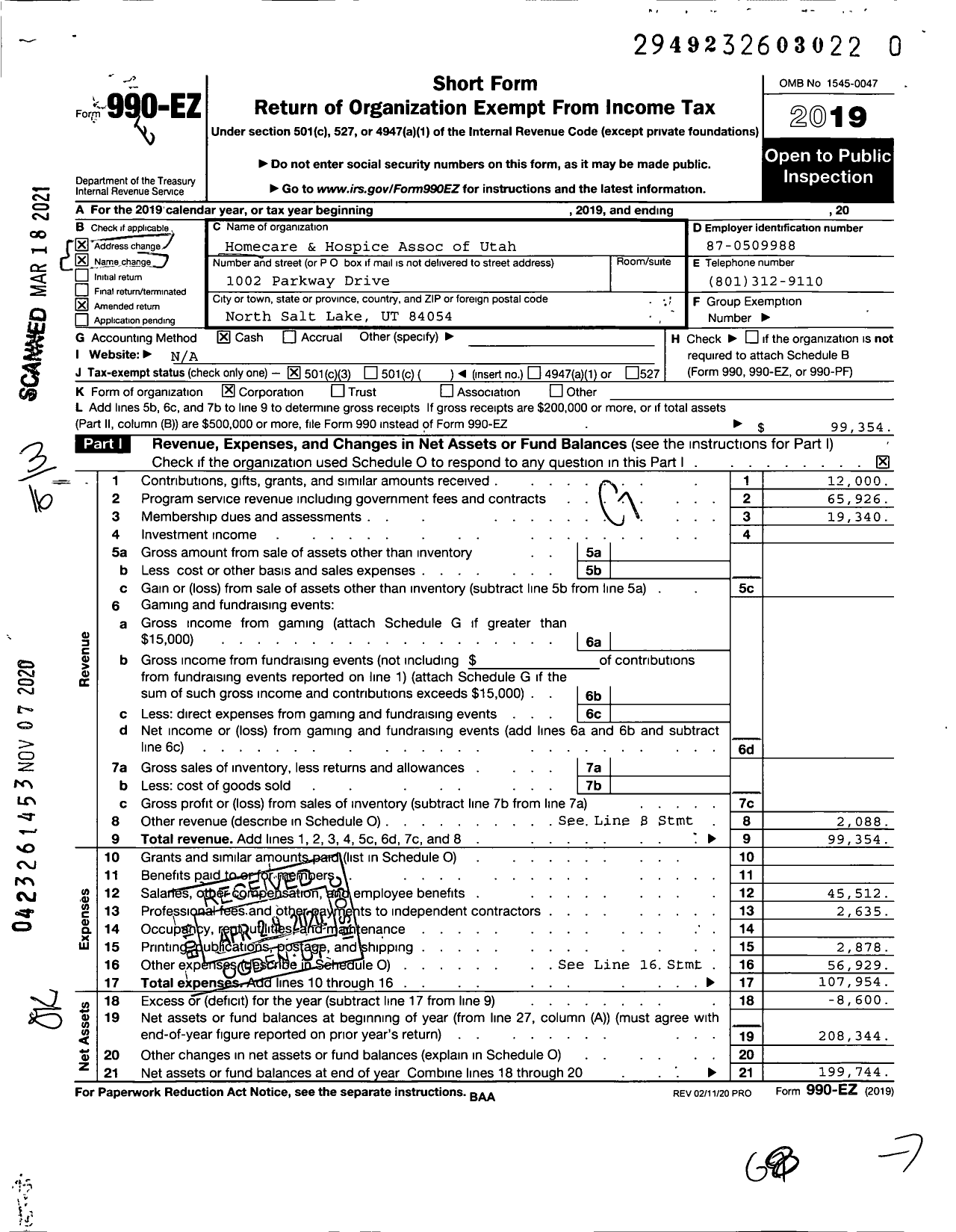 Image of first page of 2019 Form 990EZ for Homecare & Hospice Assoc of Utah