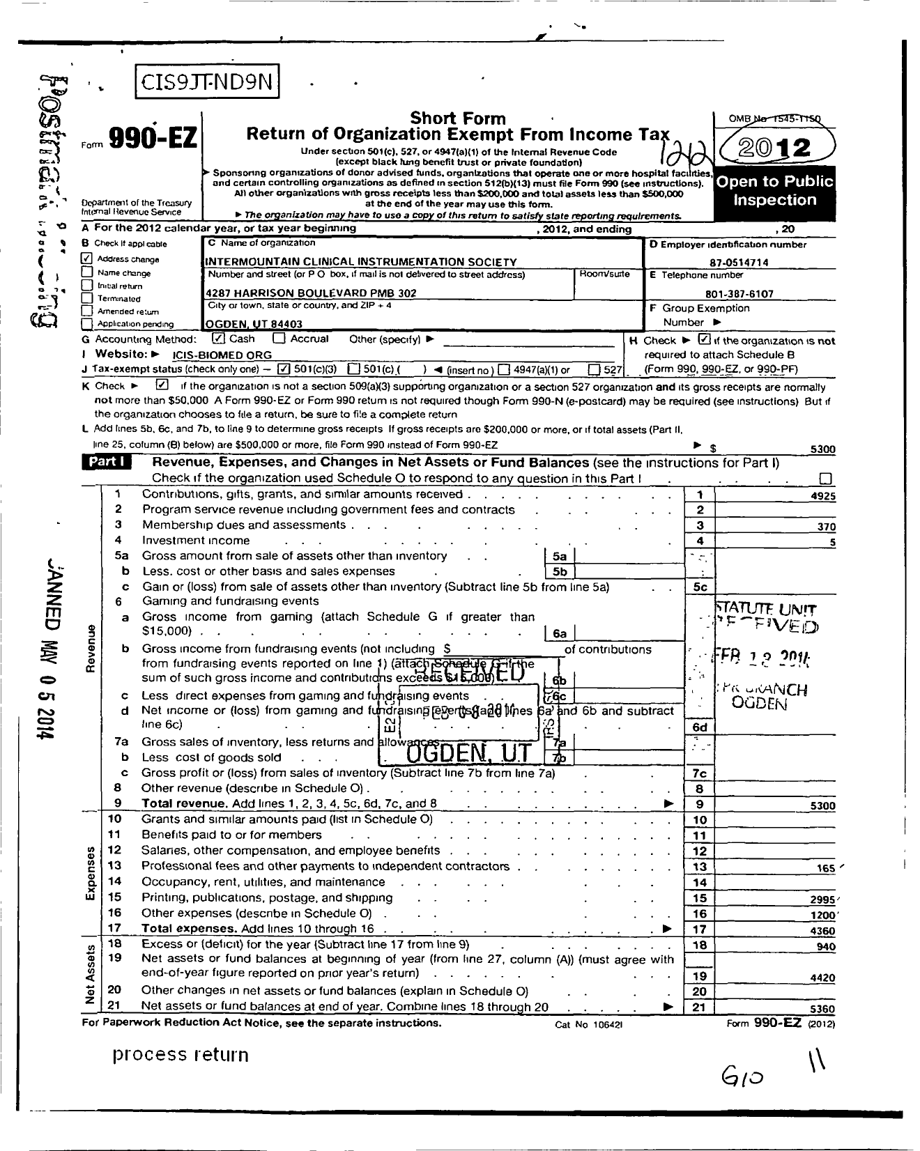 Image of first page of 2012 Form 990EZ for Intermountain Clinical Instrumentation Society