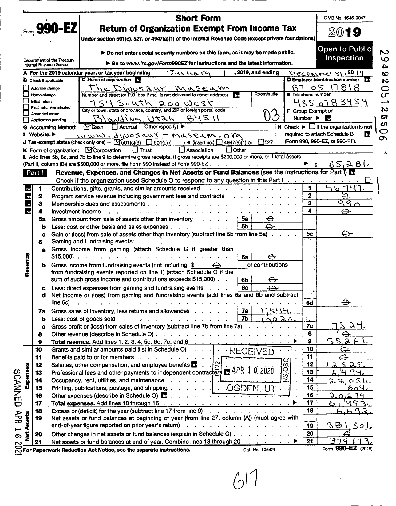 Image of first page of 2019 Form 990EZ for The Dinosaur Museum