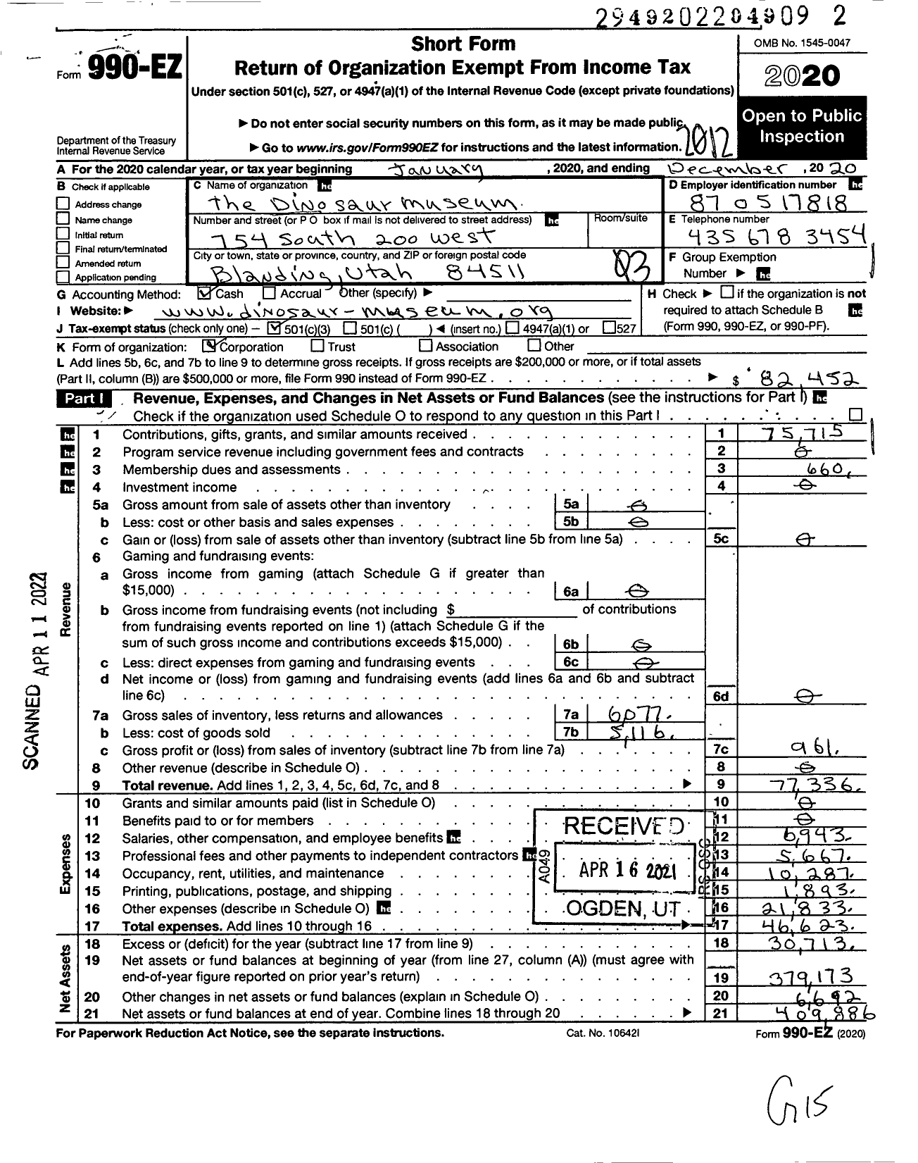 Image of first page of 2020 Form 990EZ for The Dinosaur Museum