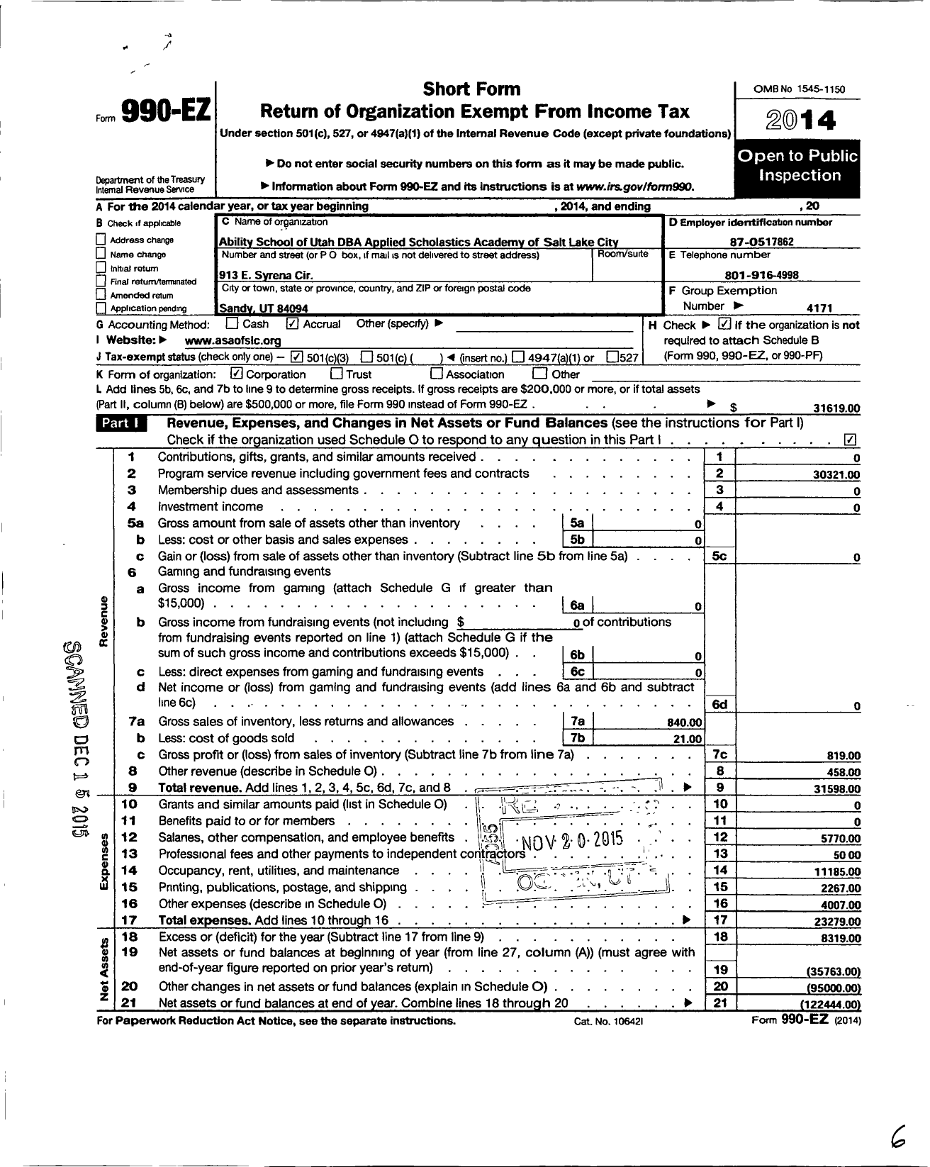 Image of first page of 2014 Form 990EZ for Applied Scholastics International / Ability School of Utah