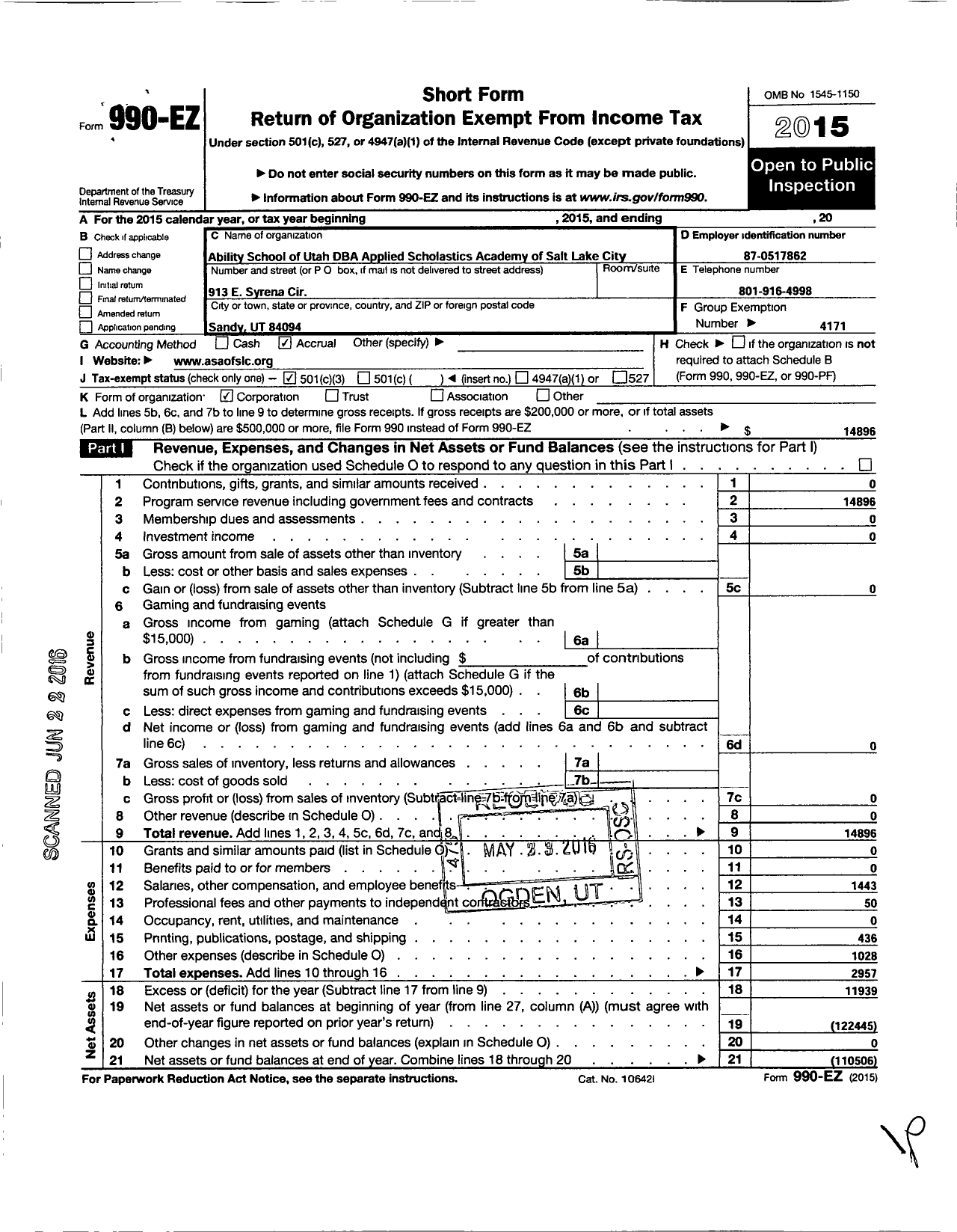 Image of first page of 2015 Form 990EZ for Applied Scholastics International / Ability School of Utah