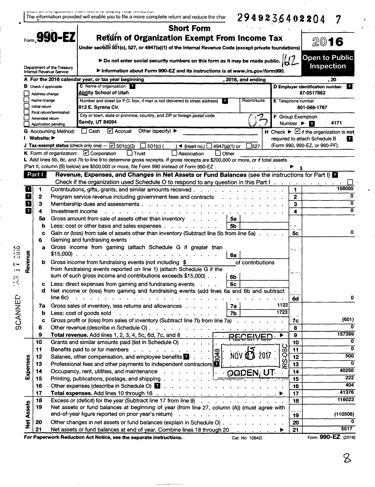 Image of first page of 2016 Form 990EZ for Applied Scholastics International / Ability School of Utah