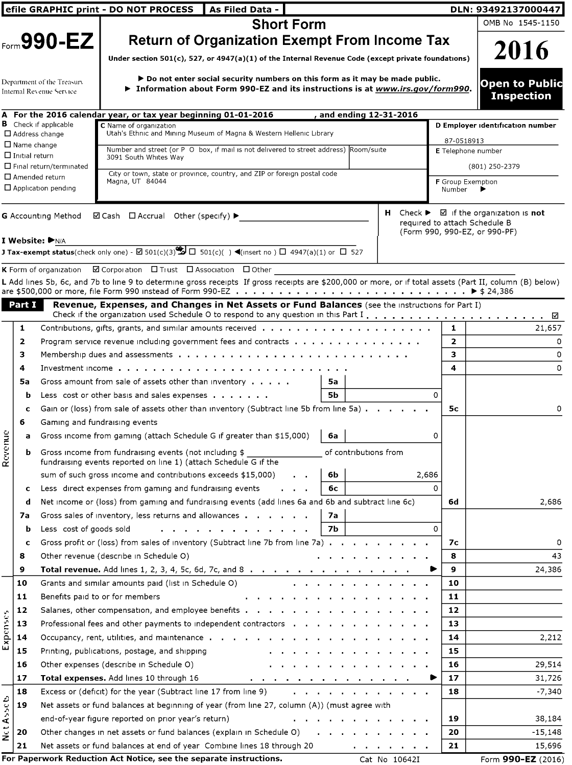 Image of first page of 2016 Form 990EZ for Utah Ethnic and Mining Museum of Magna