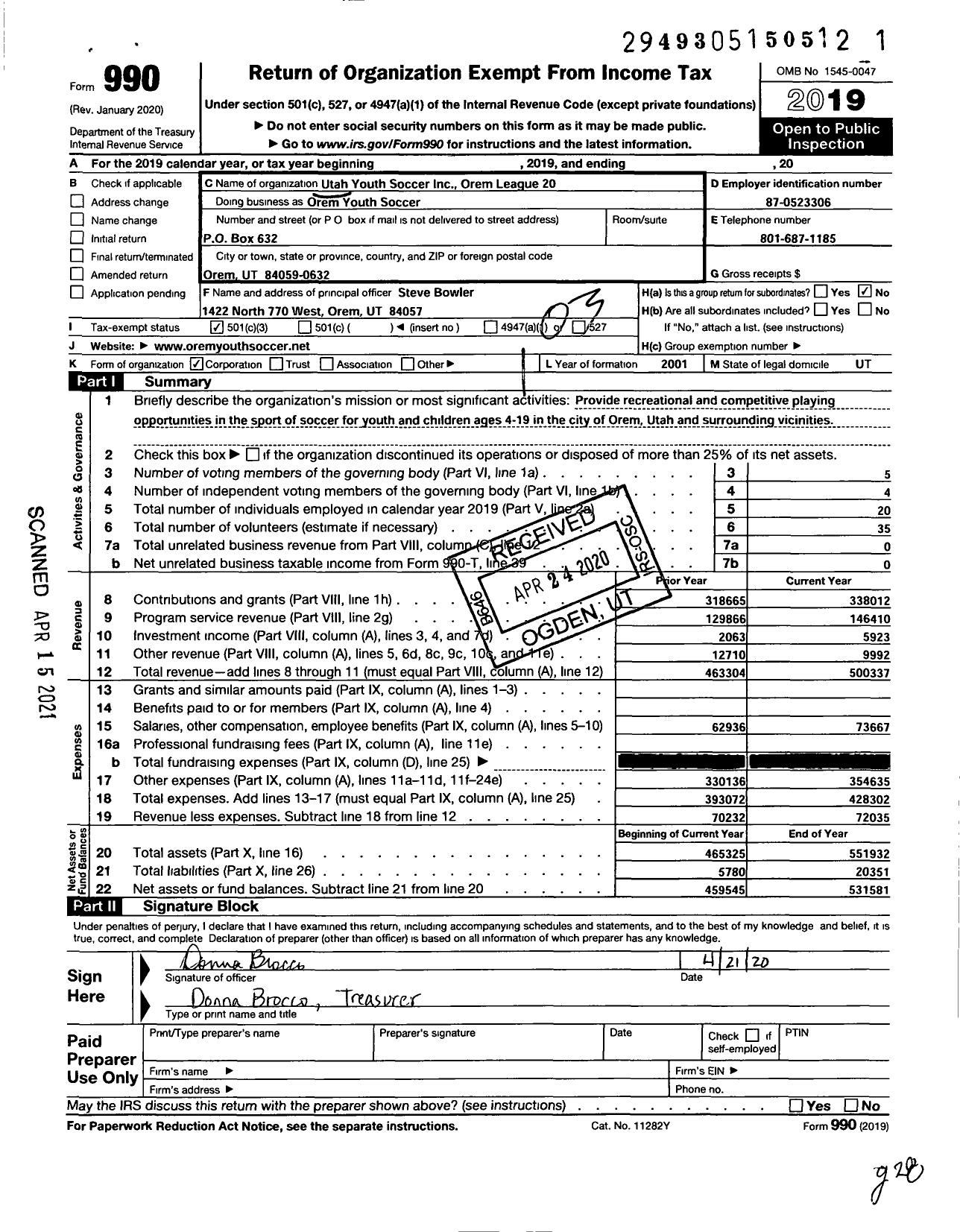 Image of first page of 2019 Form 990 for Orem Youth Soccer