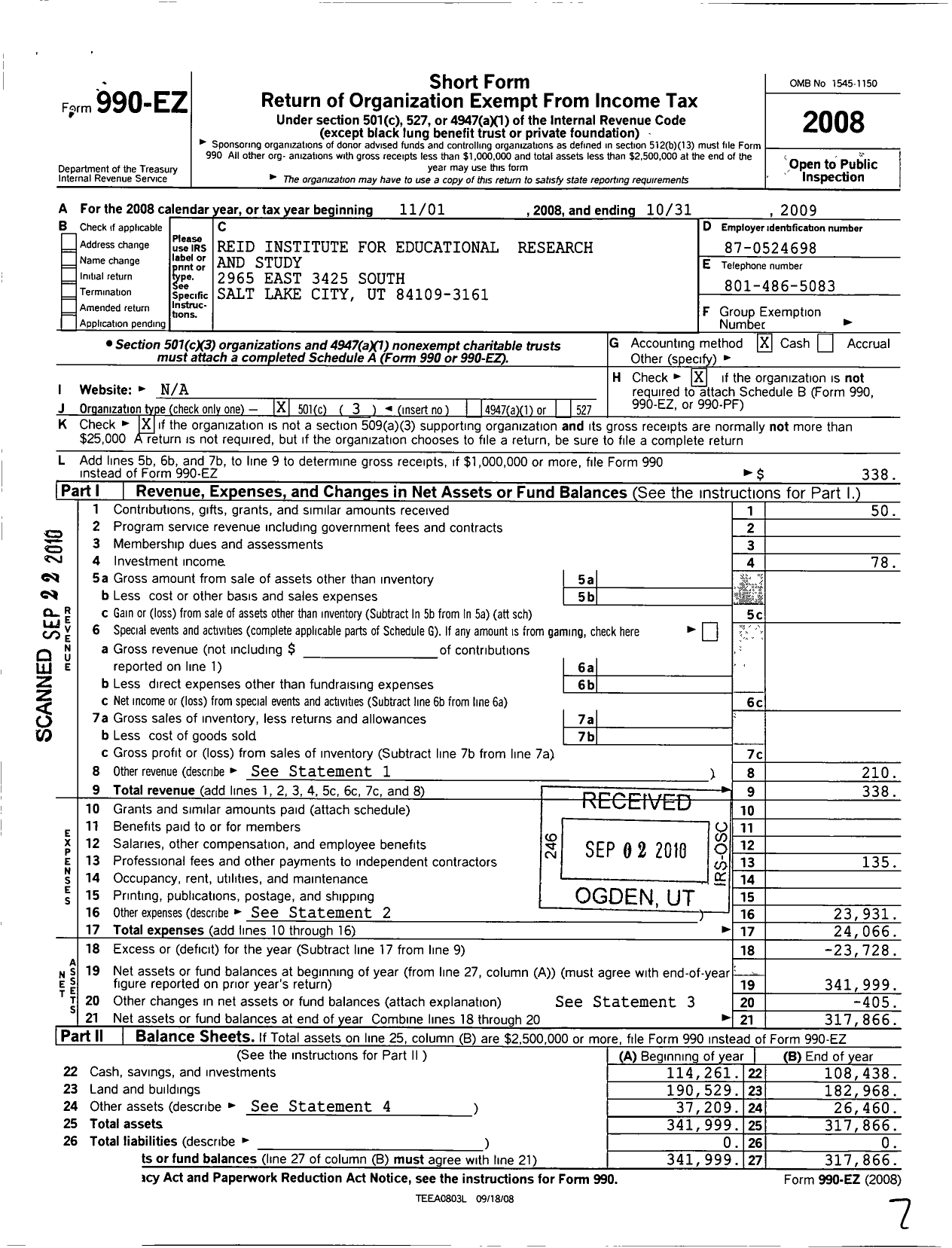 Image of first page of 2008 Form 990EZ for Reid Institute for Educational Research and Study