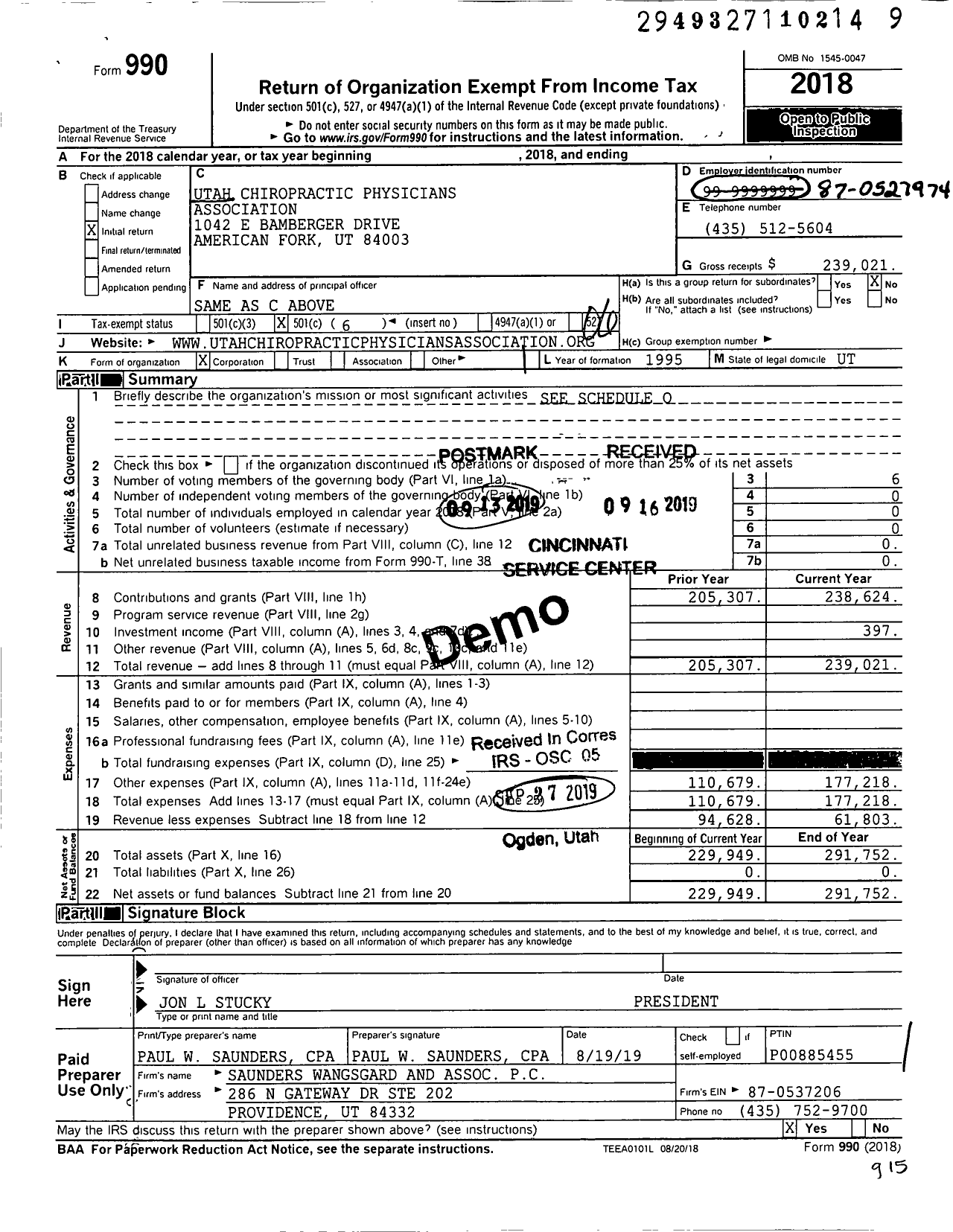 Image of first page of 2018 Form 990O for UTAH CHIROPRACTIC PHySICIANS ASSOCIATION