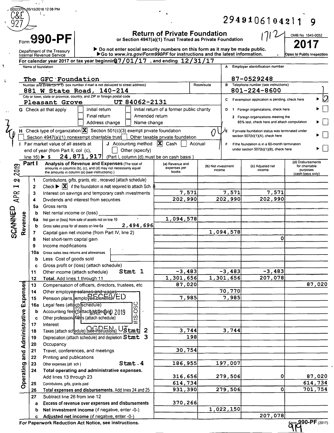 Image of first page of 2017 Form 990PF for The GFC Foundation