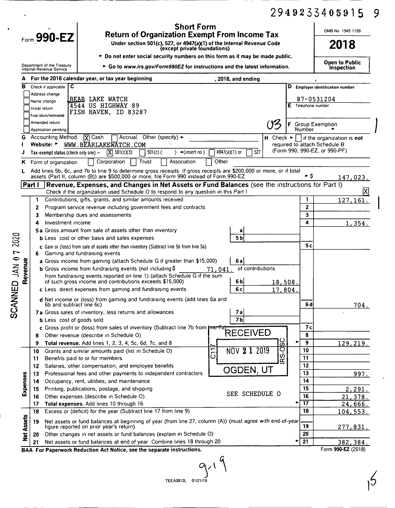 Image of first page of 2018 Form 990EZ for Bear Lake Watch