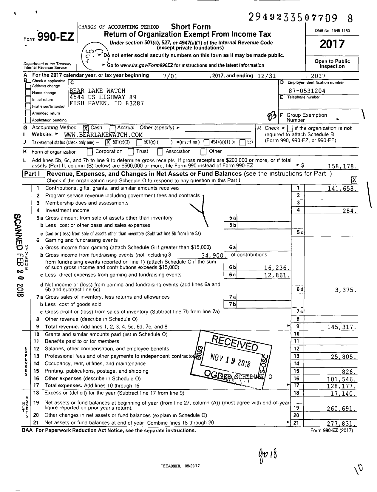 Image of first page of 2017 Form 990EZ for Bear Lake Watch