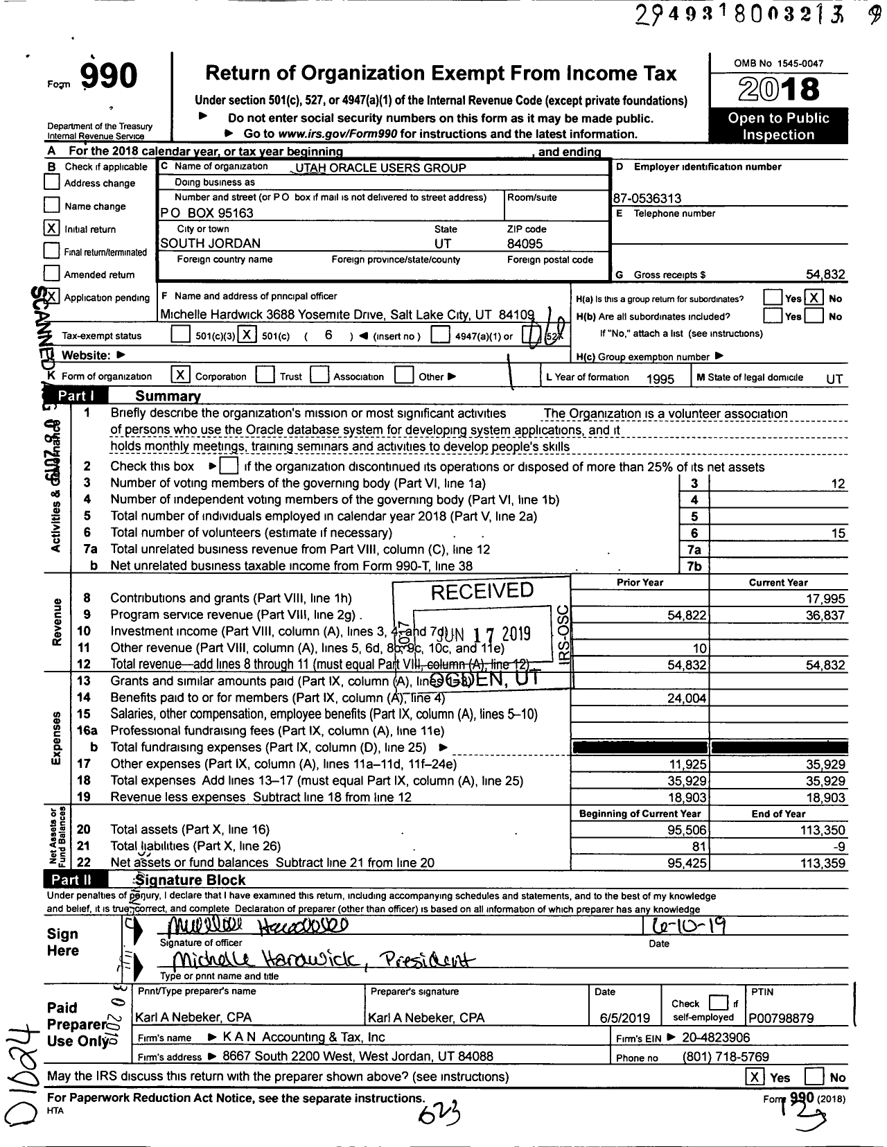 Image of first page of 2018 Form 990O for Utah Oracle Users Group (UTOUG)