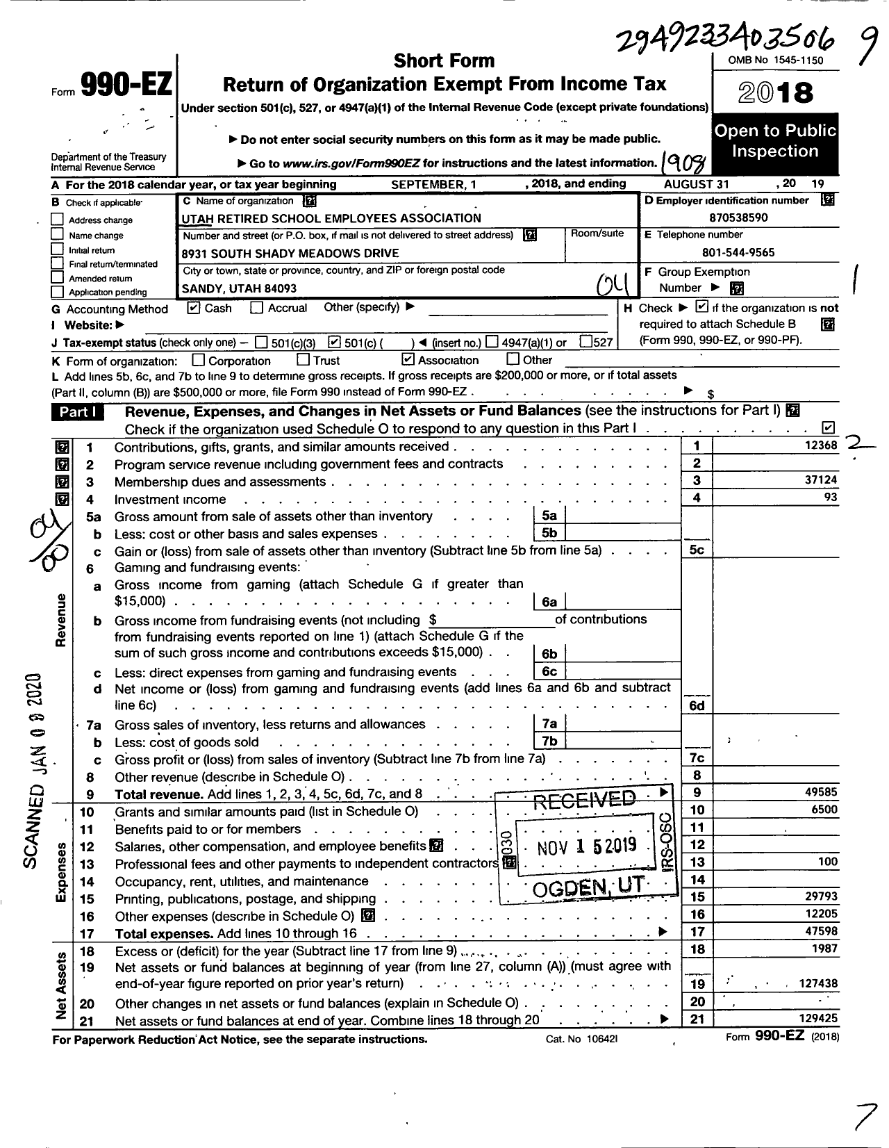 Image of first page of 2018 Form 990EO for Utah Retired School Employees Association