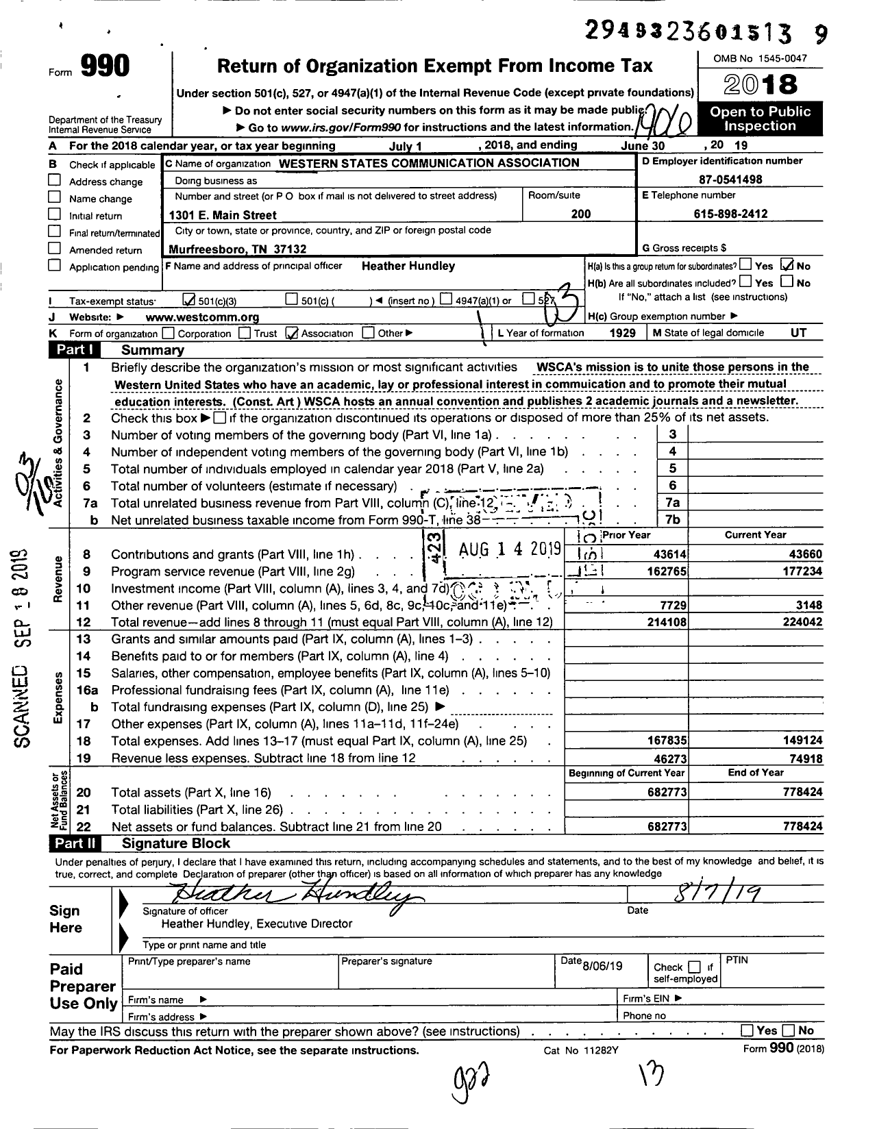 Image of first page of 2018 Form 990 for Western States Communication Association