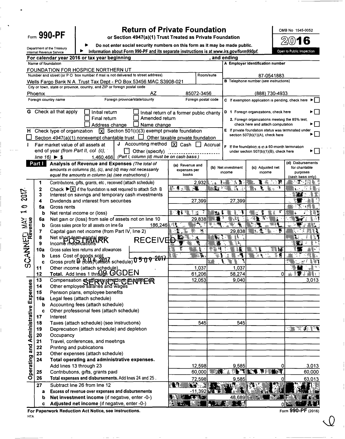 Image of first page of 2016 Form 990PF for Foundation for Hospice Northern Ut