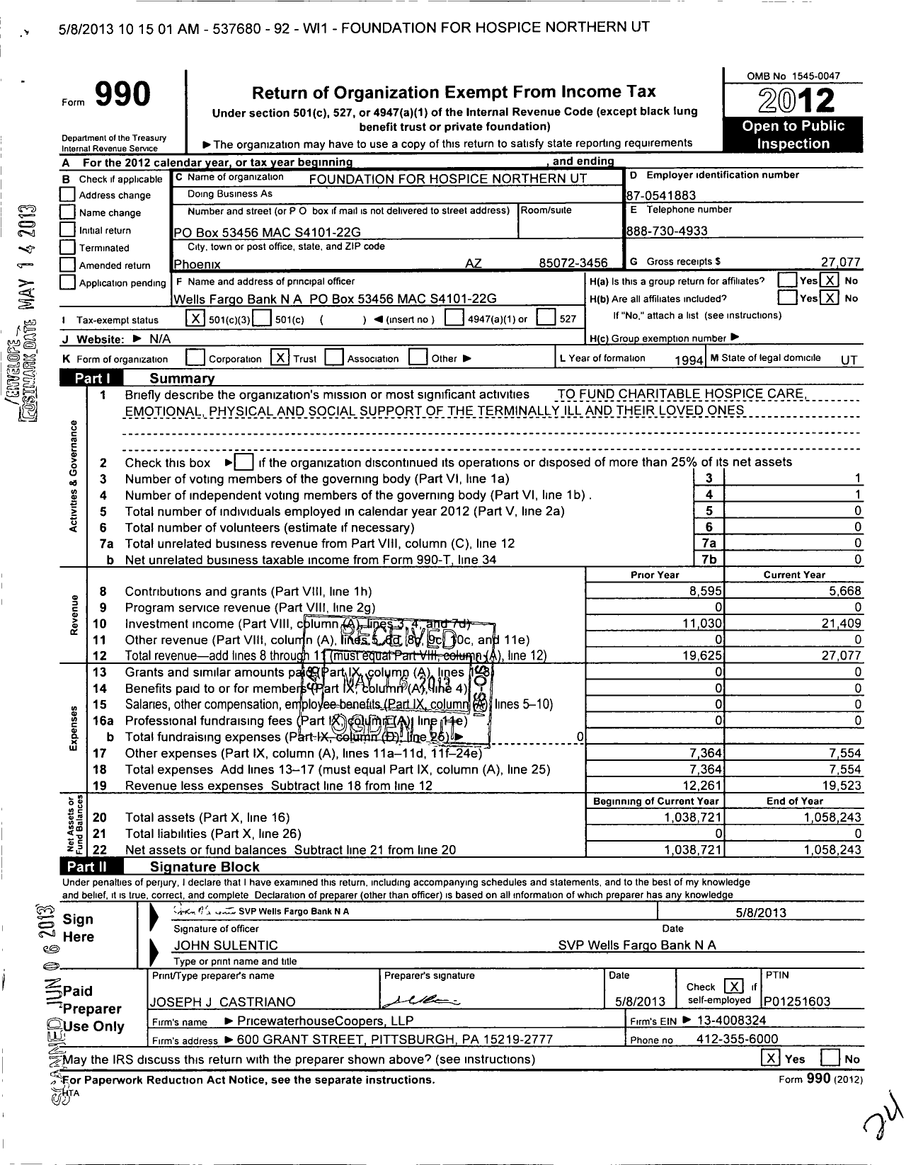 Image of first page of 2012 Form 990 for Foundation for Hospice Northern Ut