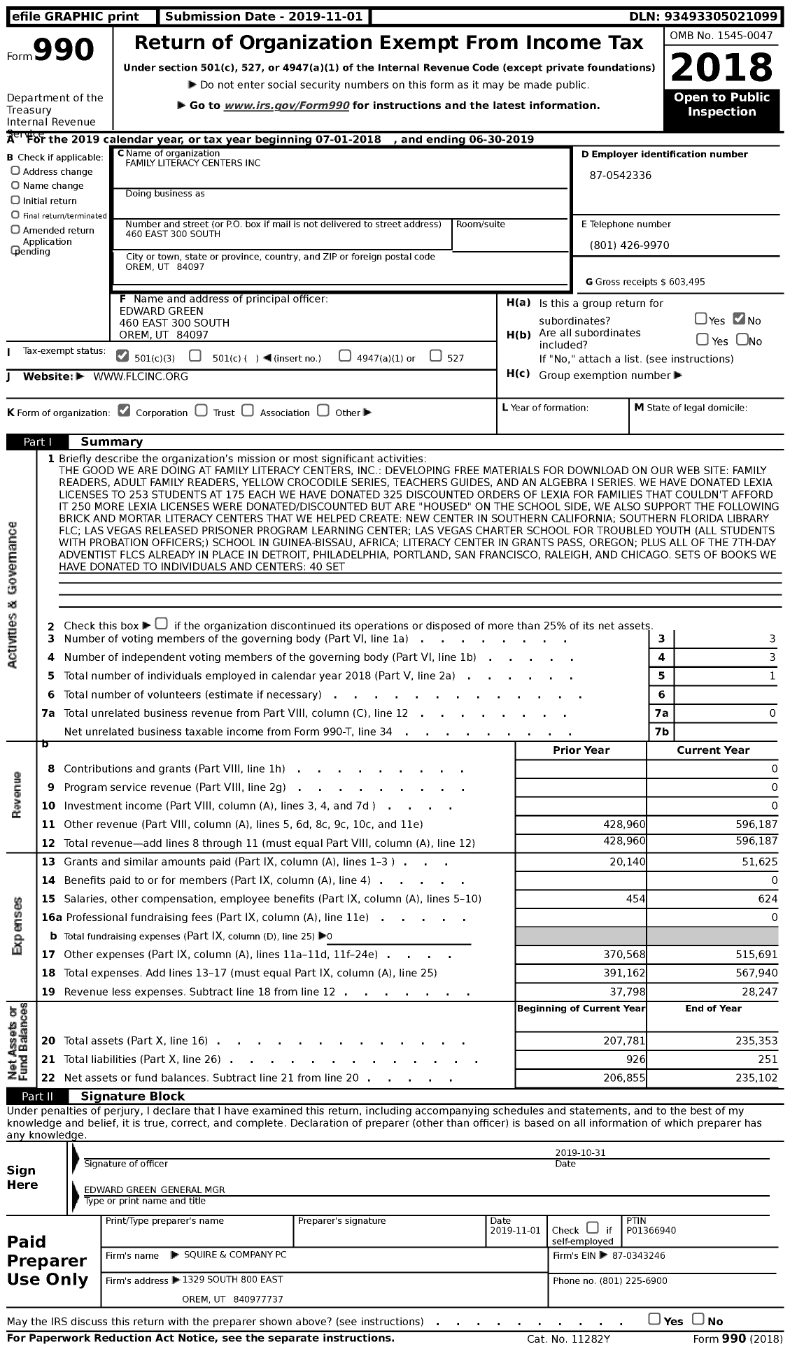 Image of first page of 2018 Form 990 for Family Literacy Centers