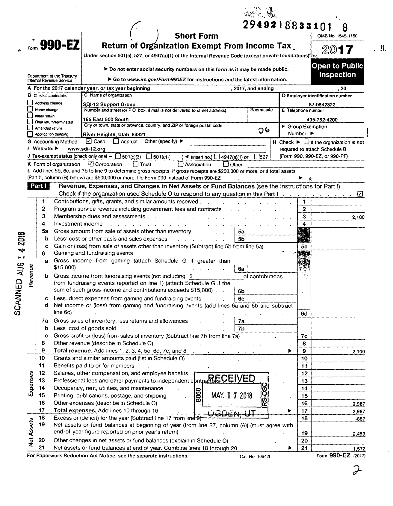 Image of first page of 2017 Form 990EO for Sdi-12 Support Group