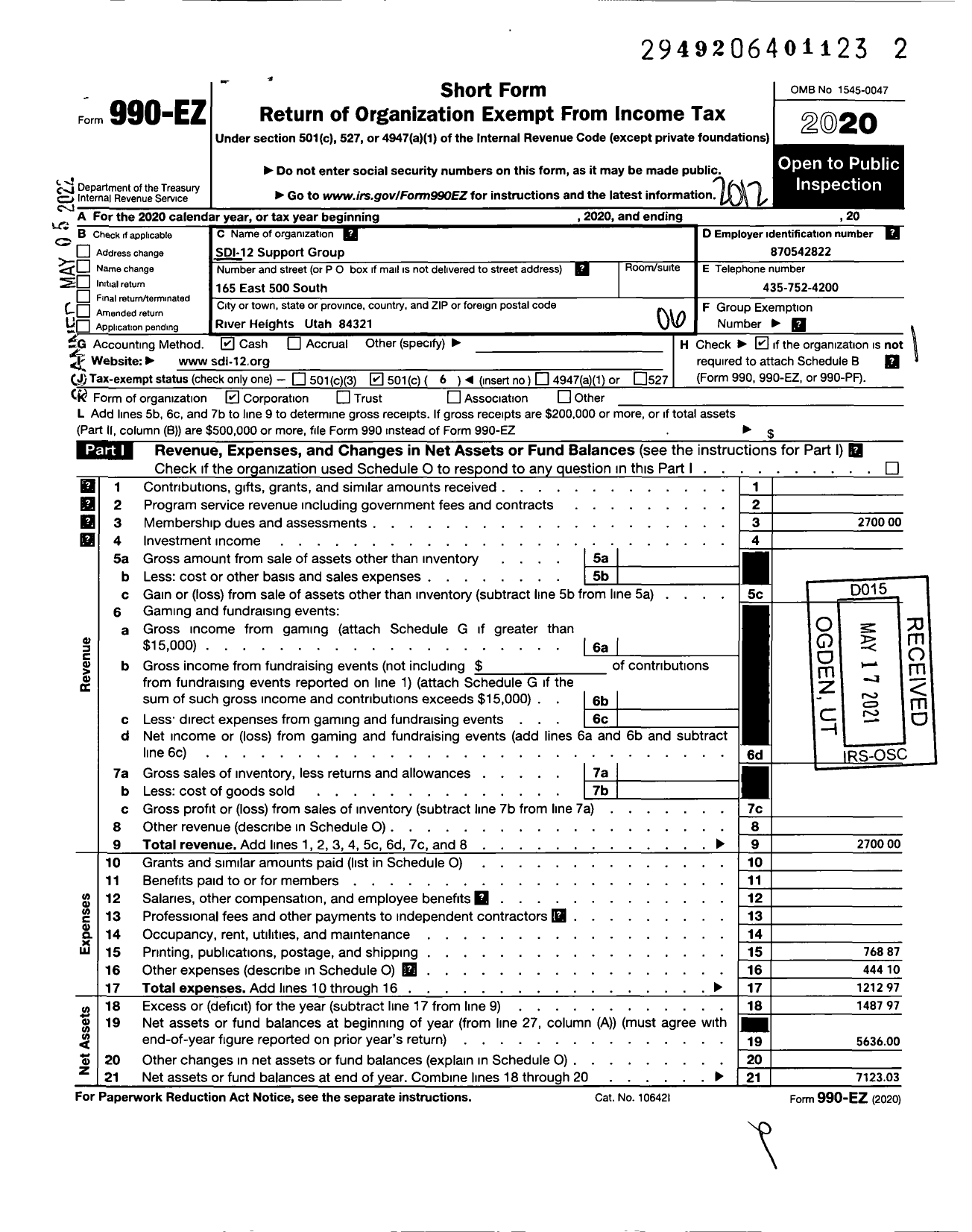 Image of first page of 2020 Form 990EO for Sdi-12 Support Group