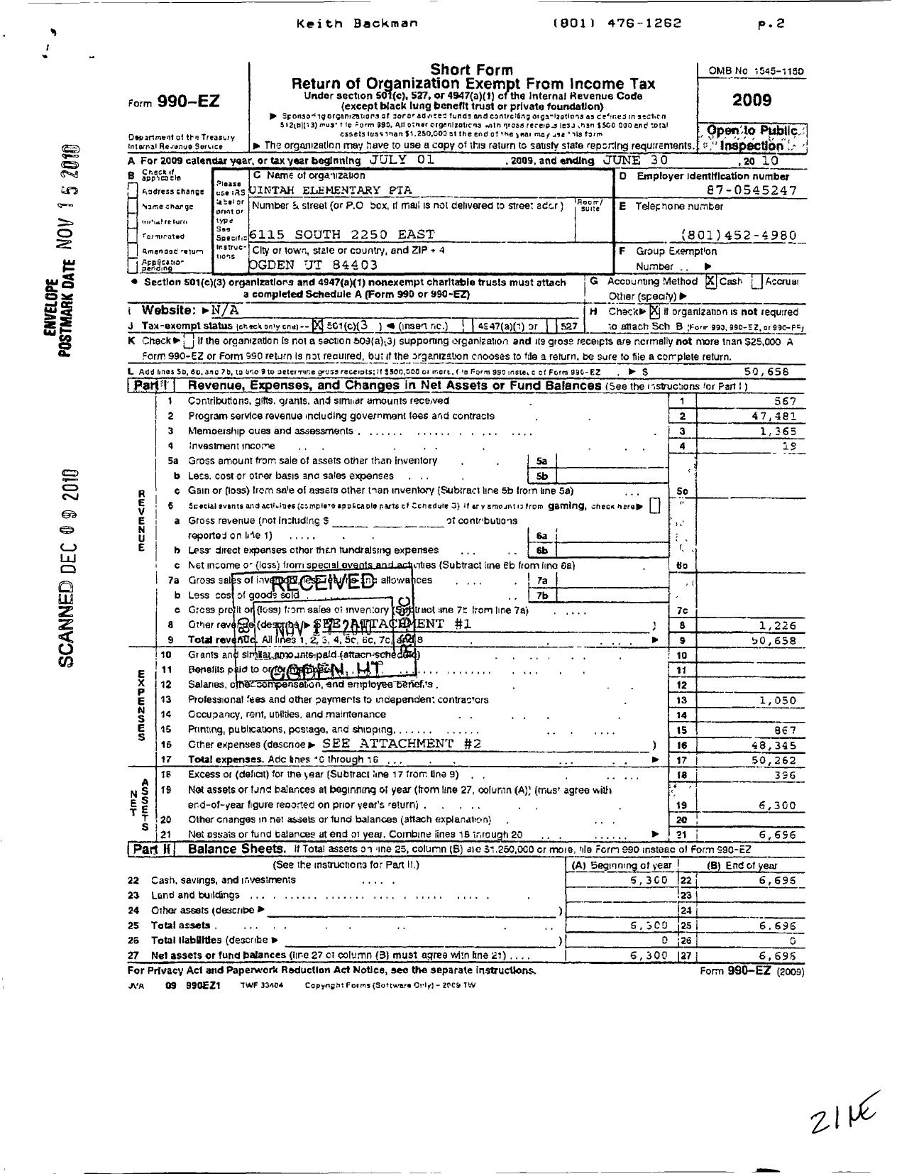 Image of first page of 2009 Form 990EZ for PTA Utah Congress / Uintah Elementary PTA