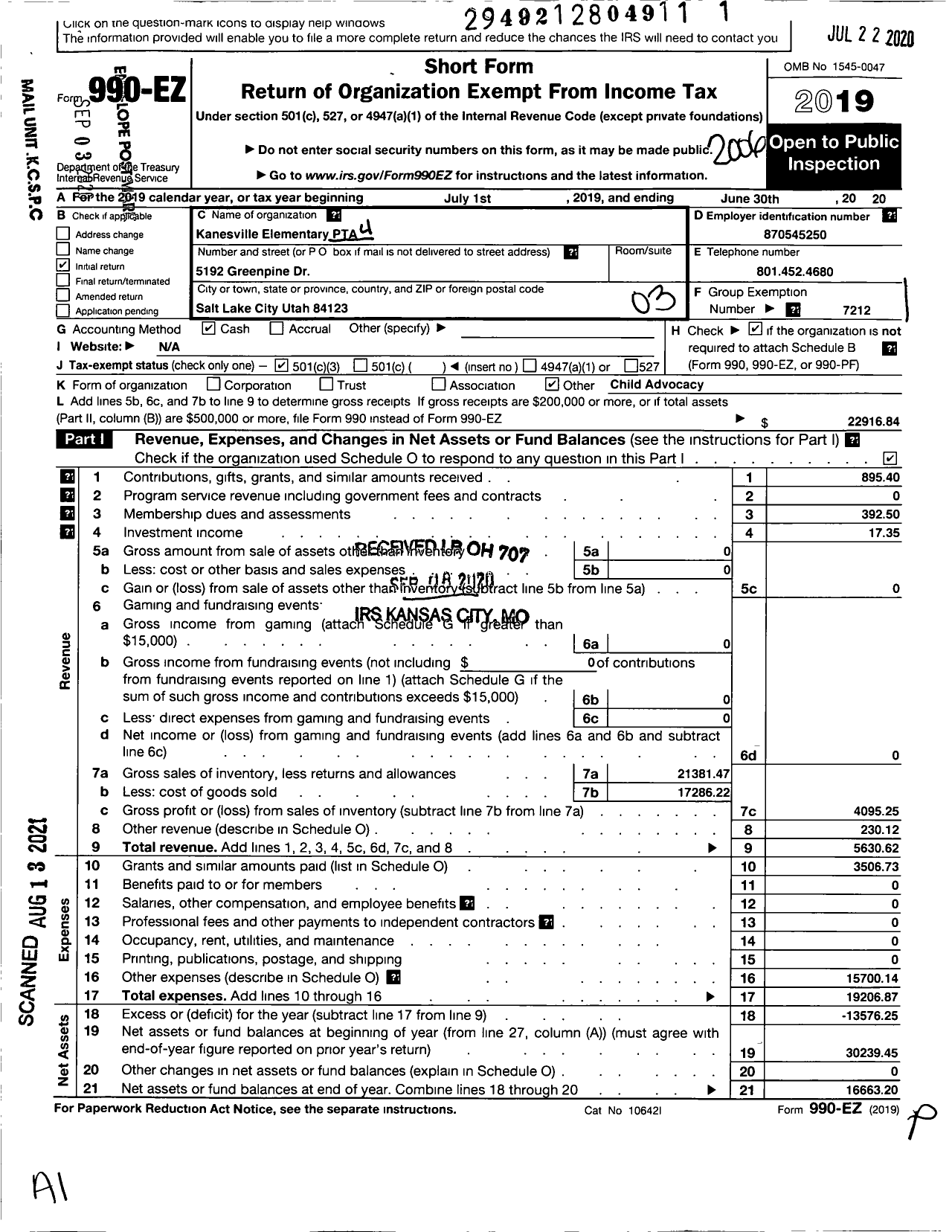 Image of first page of 2019 Form 990EZ for PTA Kanesville Elementary Utah Congress of Parents and Teachers