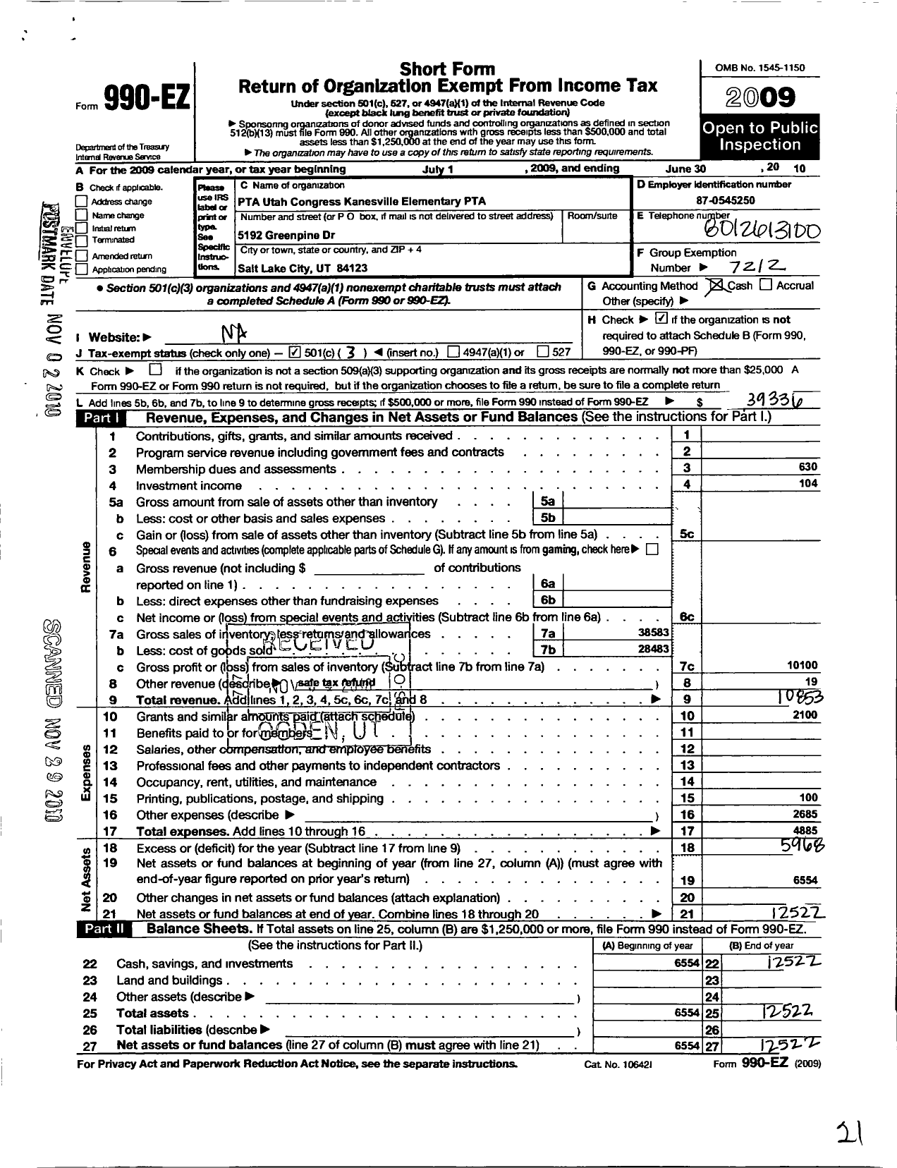 Image of first page of 2009 Form 990EZ for PTA Kanesville Elementary Utah Congress of Parents and Teachers