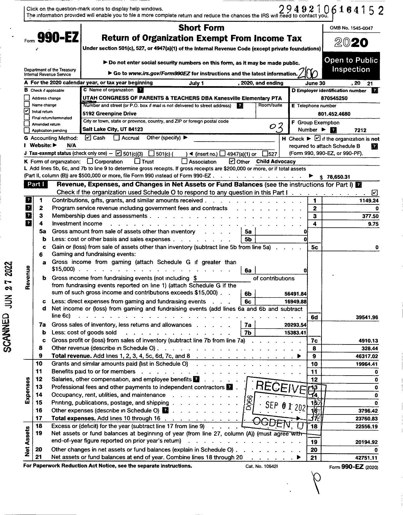 Image of first page of 2020 Form 990EZ for PTA Kanesville Elementary Utah Congress of Parents and Teachers