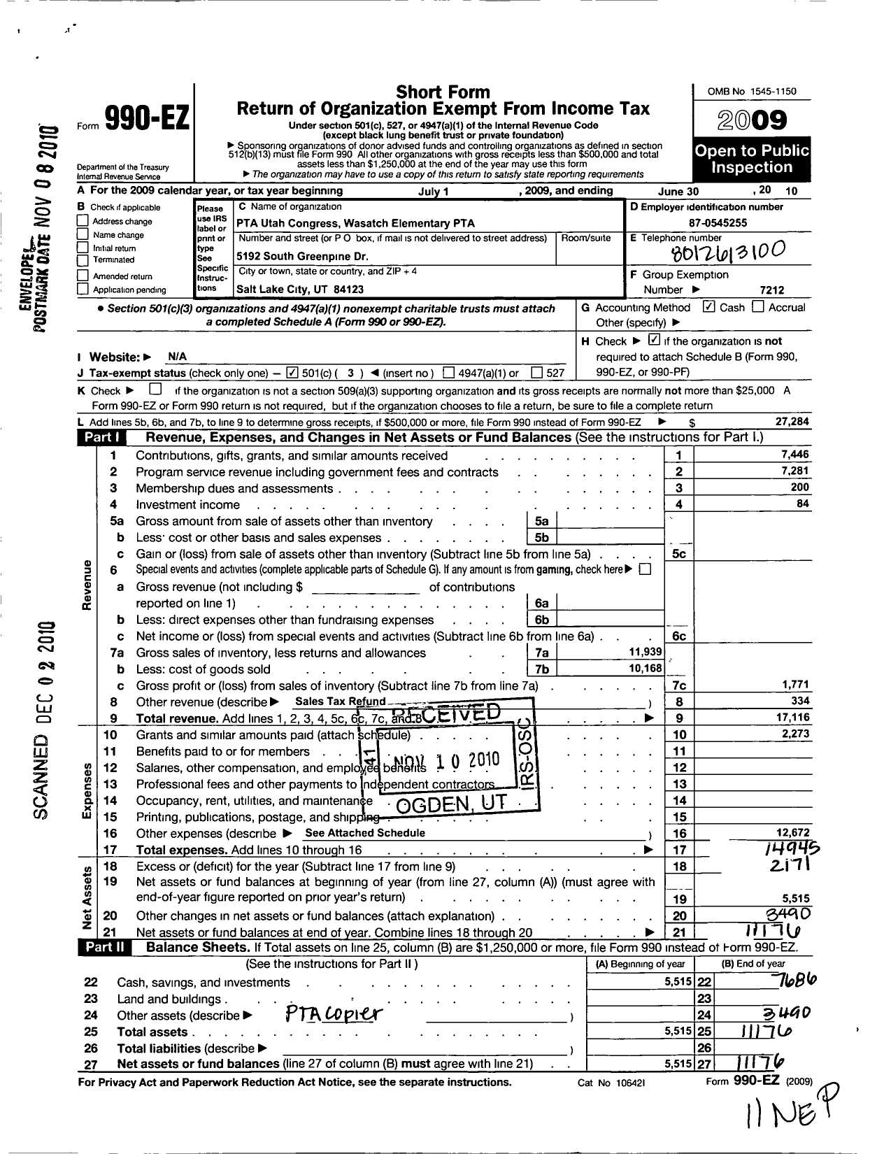 Image of first page of 2009 Form 990EZ for PTA Utah Congress / Wasatch Elem PTA