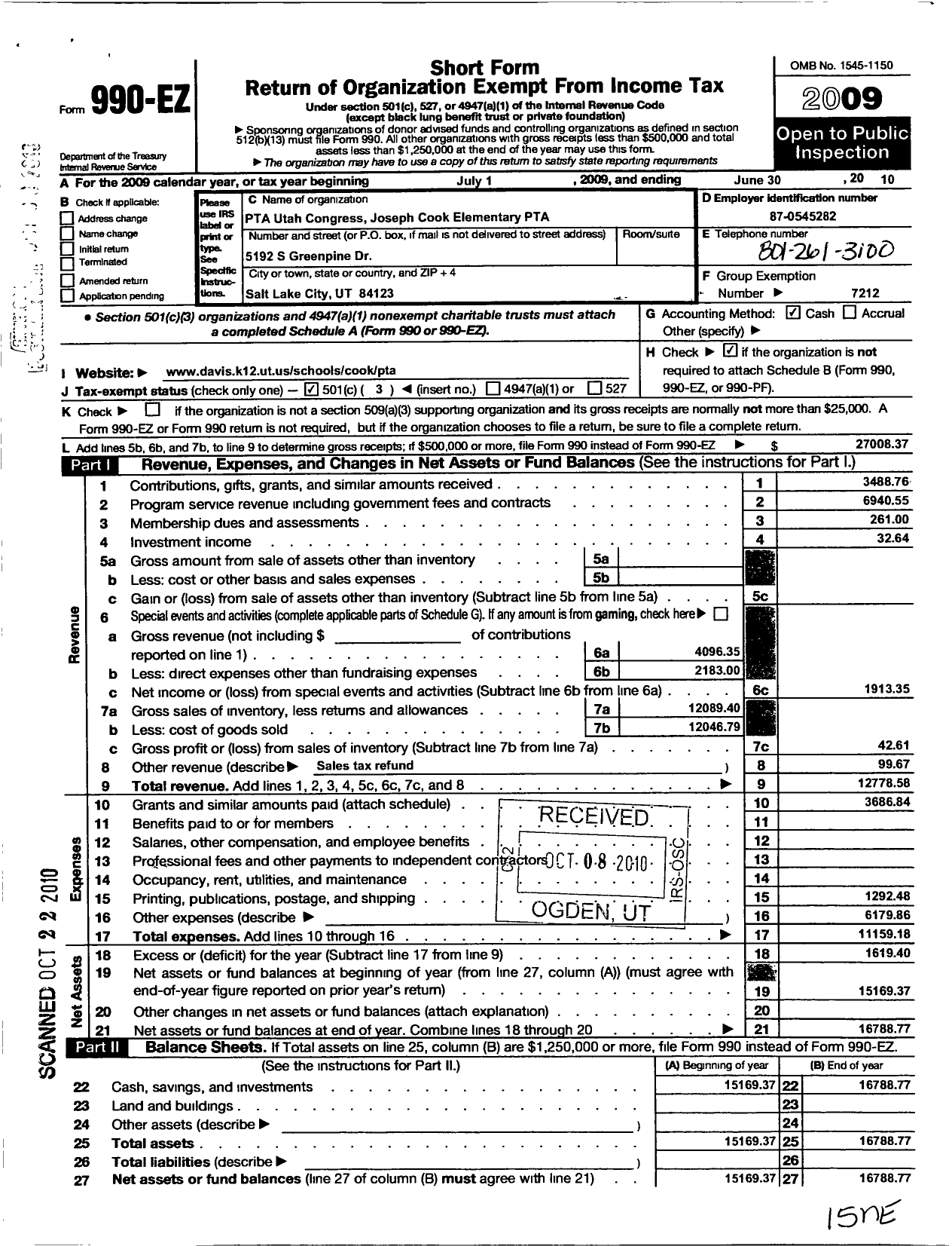 Image of first page of 2009 Form 990EZ for PTA Utah Congress / Joseph Cook Elem PTA