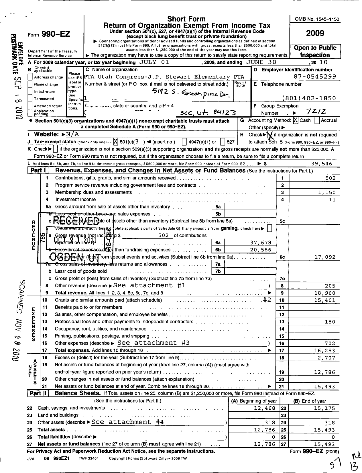 Image of first page of 2009 Form 990EZ for Stewart Elementary PTA