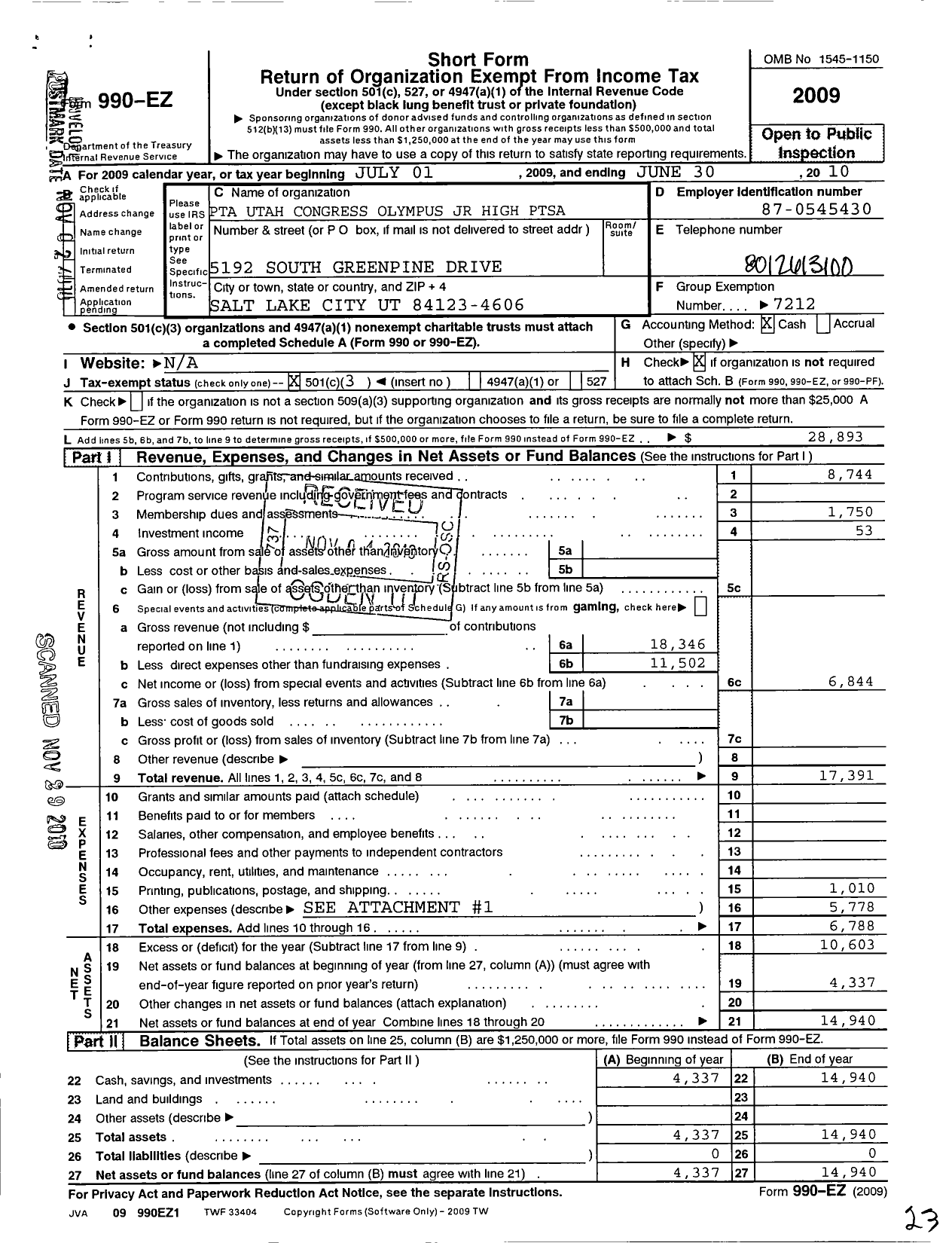 Image of first page of 2009 Form 990EZ for PTA Utah Congress / Olympus Junior High Ptsa