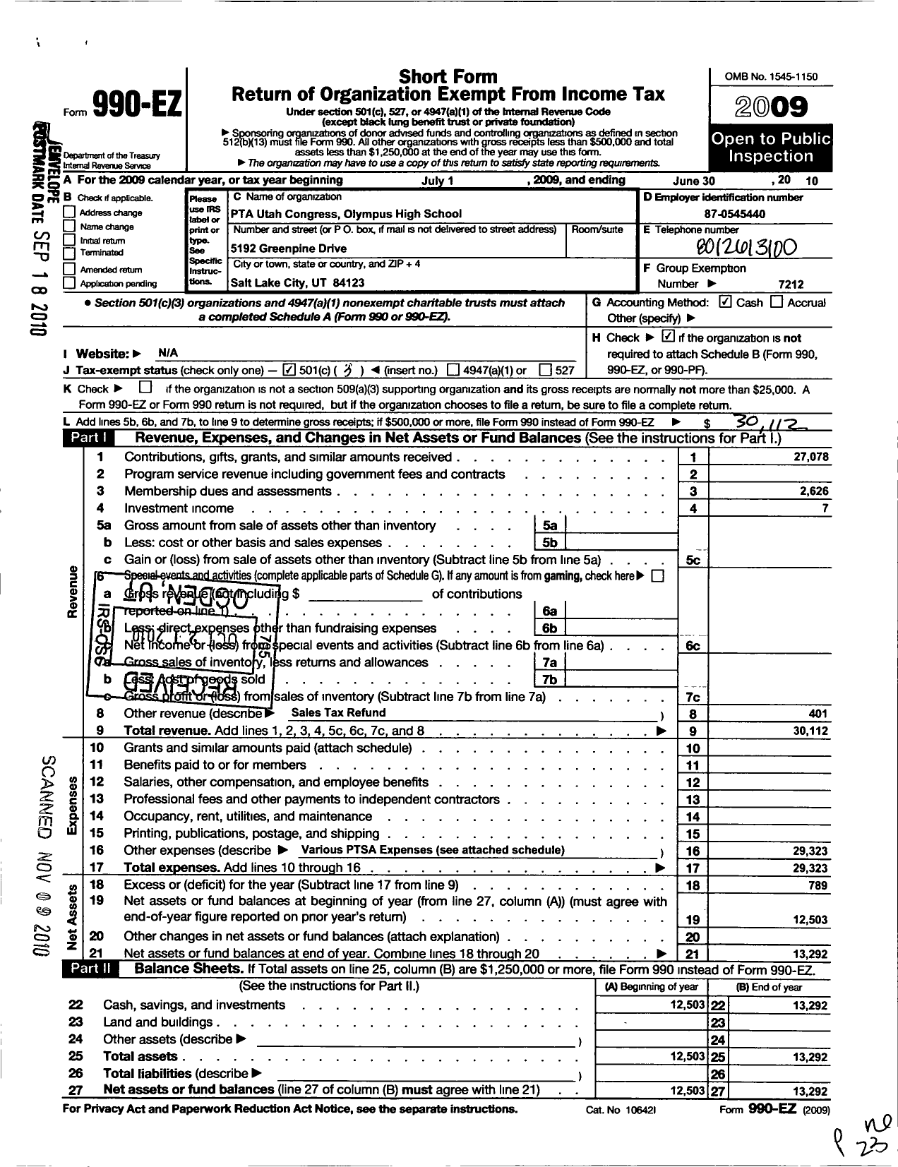 Image of first page of 2009 Form 990EZ for PTA Utah Congress / Olympus High Ptsa