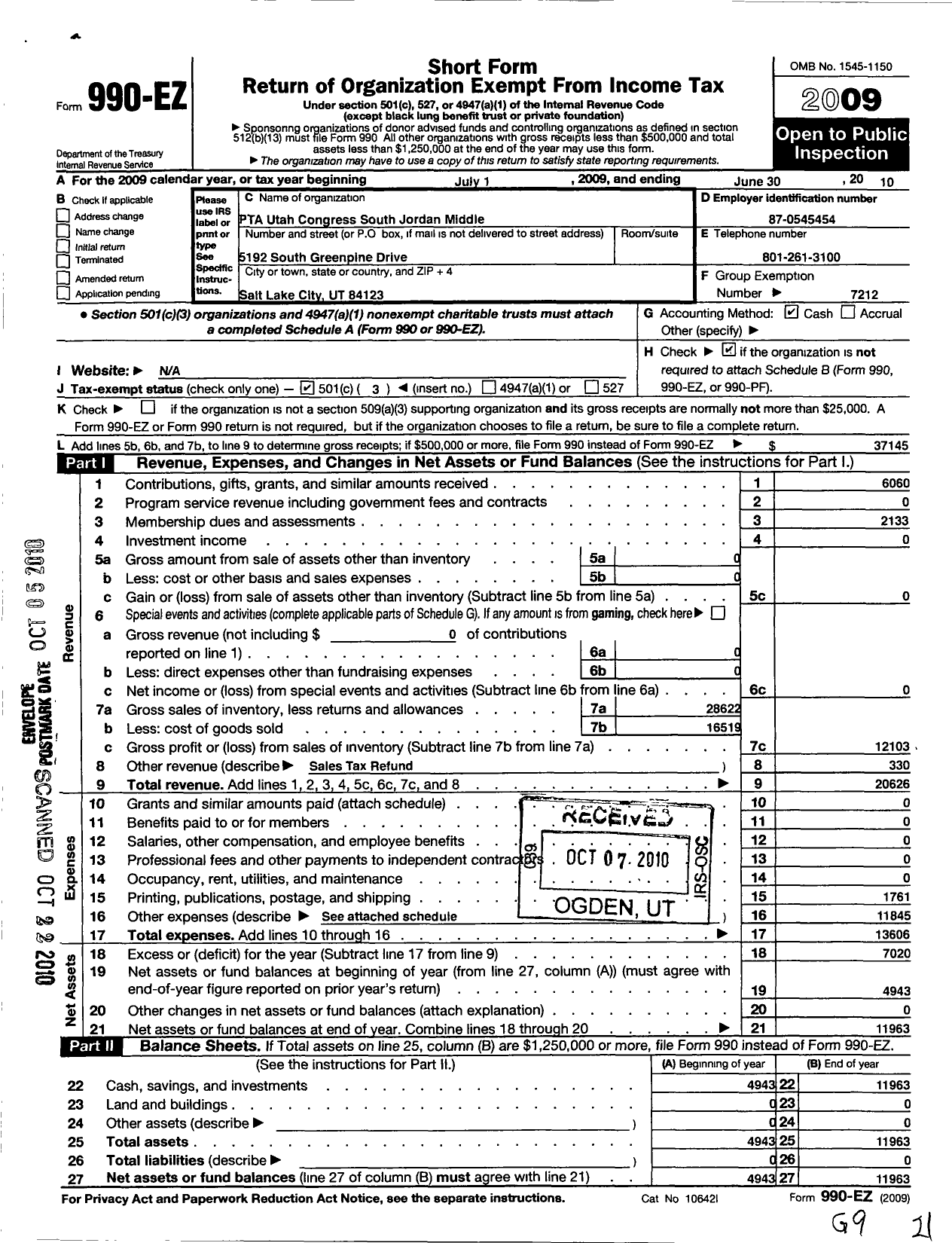 Image of first page of 2009 Form 990EZ for PTA Utah Congress / South Jordan Middle Ptsa