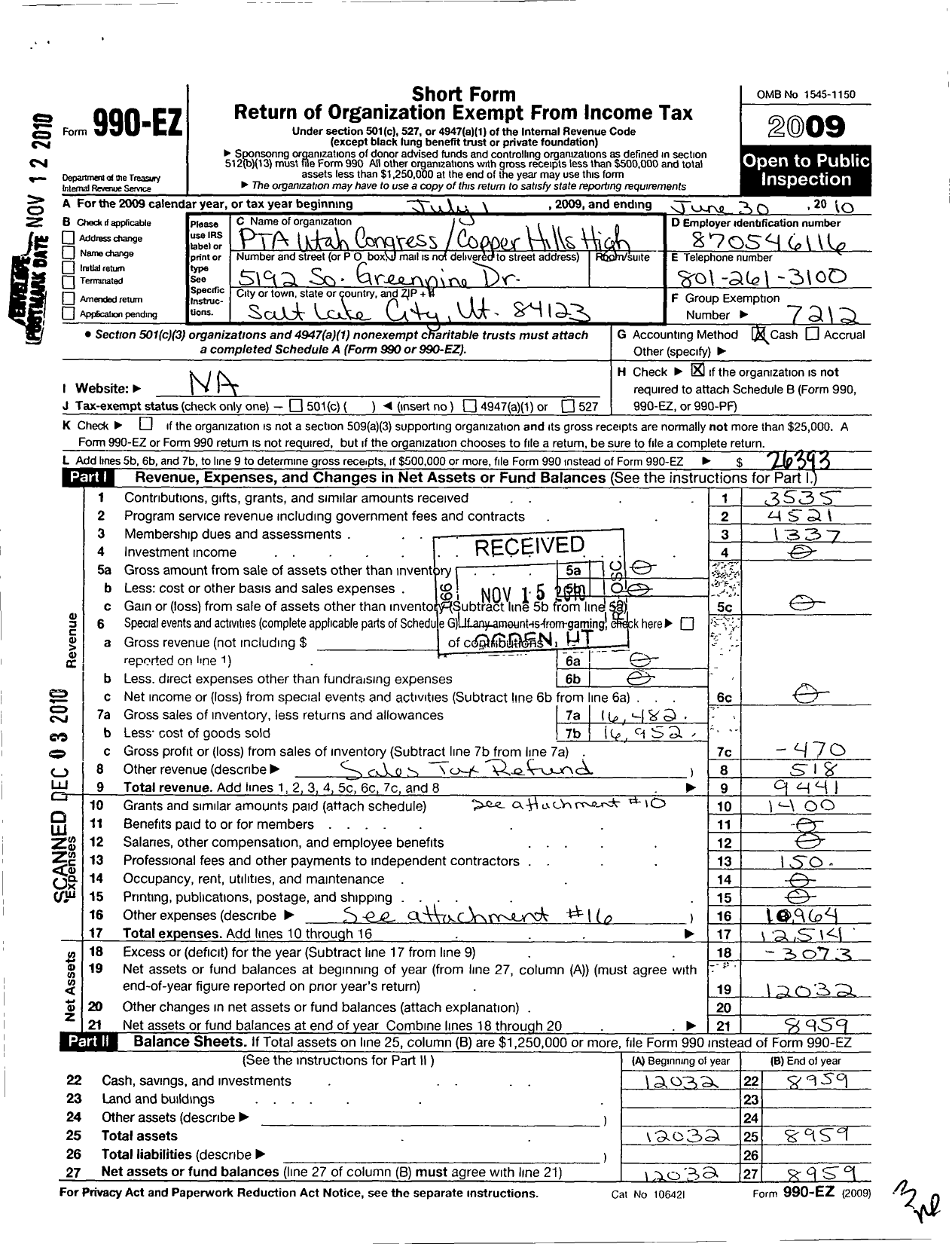 Image of first page of 2009 Form 990EO for PTA Utah Congress / Copper Hills High Ptsa